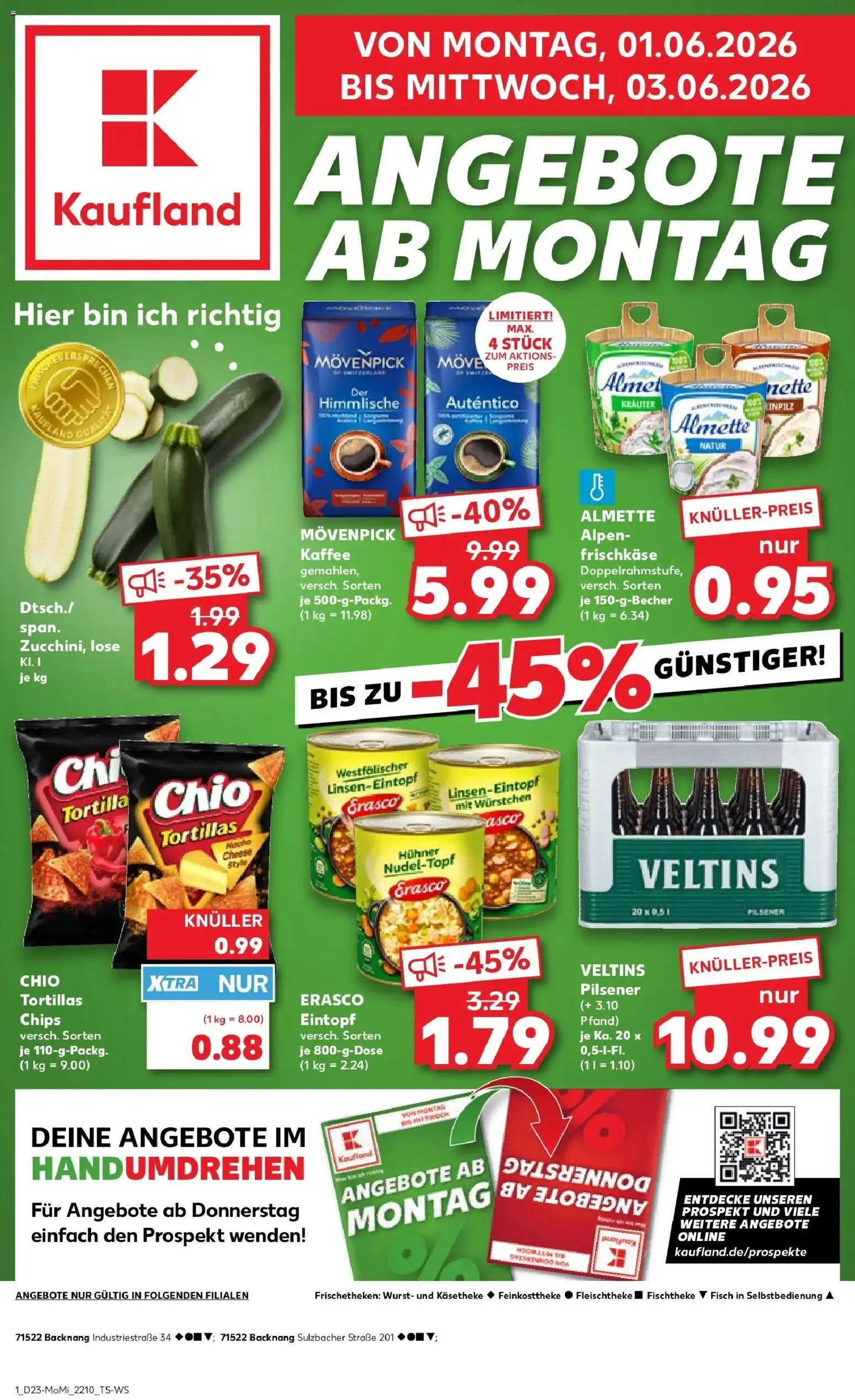 Kaufland Prospekt Backnang – gültig ab 01.06.2026 | Seite: 1 | Produkte: Almette, Wurst, Movenpick kaffee, Erasco