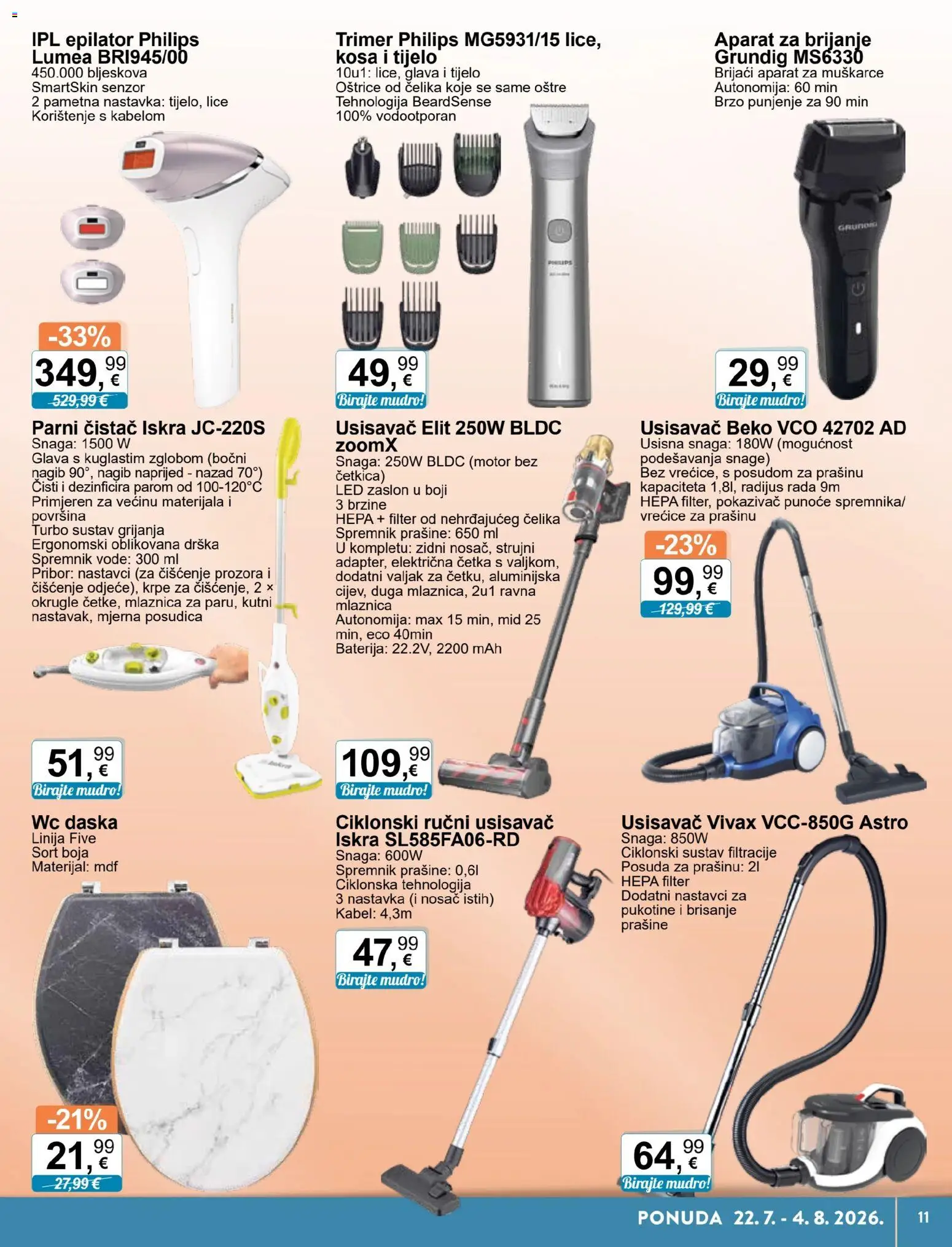 KTC katalog | vrijedi od 22.07.2026 | Stranica: 11 | Proizvodi: Brijaći aparat, WC daska, Četka, Parni čistač