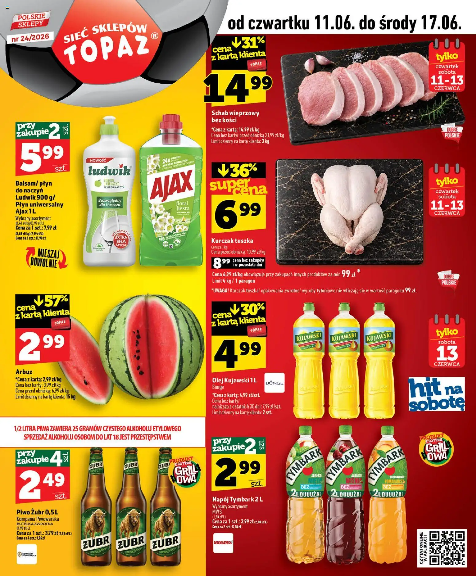 Topaz gazetka - MAZ od 11.06.2026 | Strona: 1 | Produkty: Piwo żubr, Arbuz, Schab wieprzowy, Olej