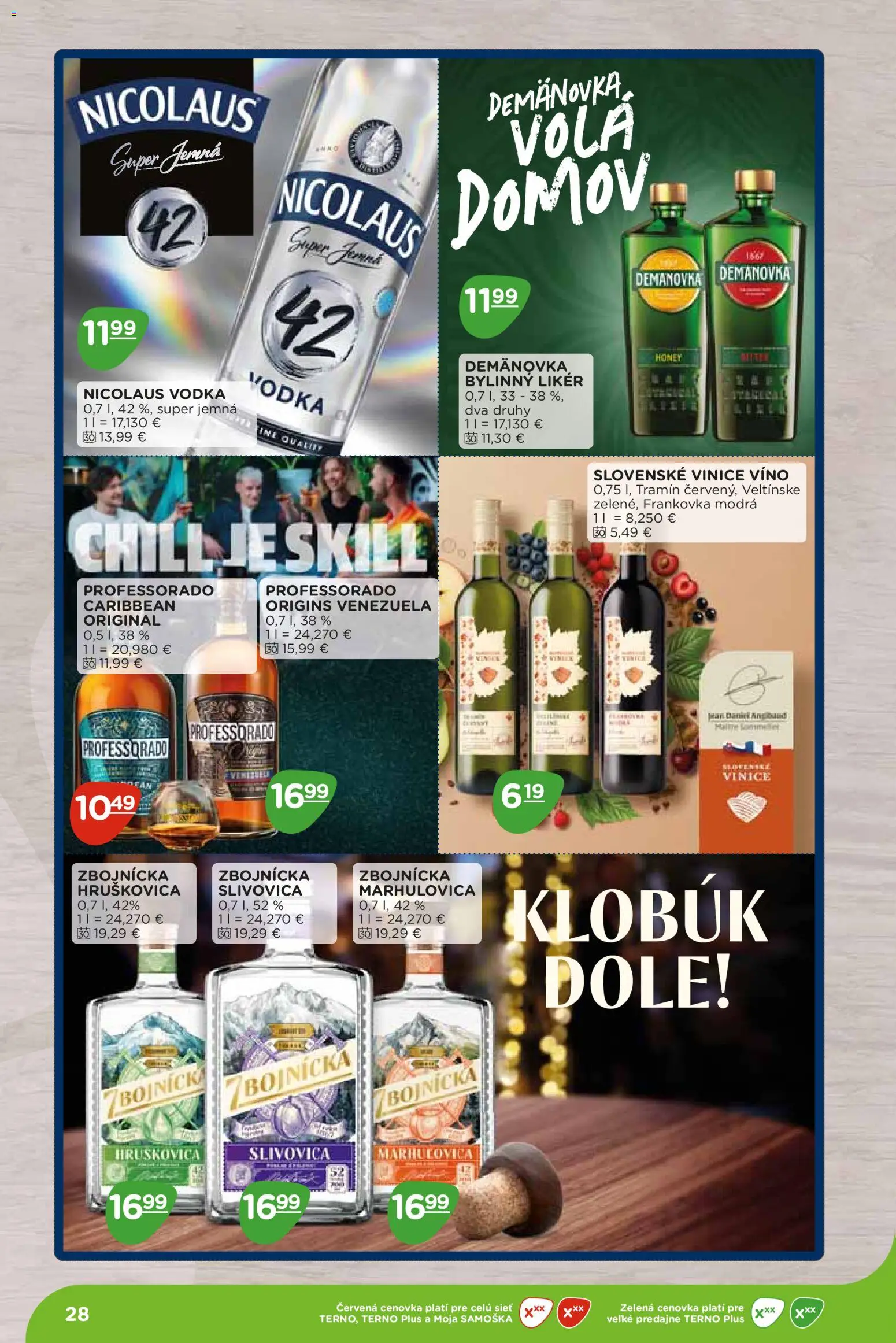 Nové Terno akcie – leták je platný od 07.09.2026 | Strana: 28 | Produkty: Víno, Slivovica, Vodka, Klobúk