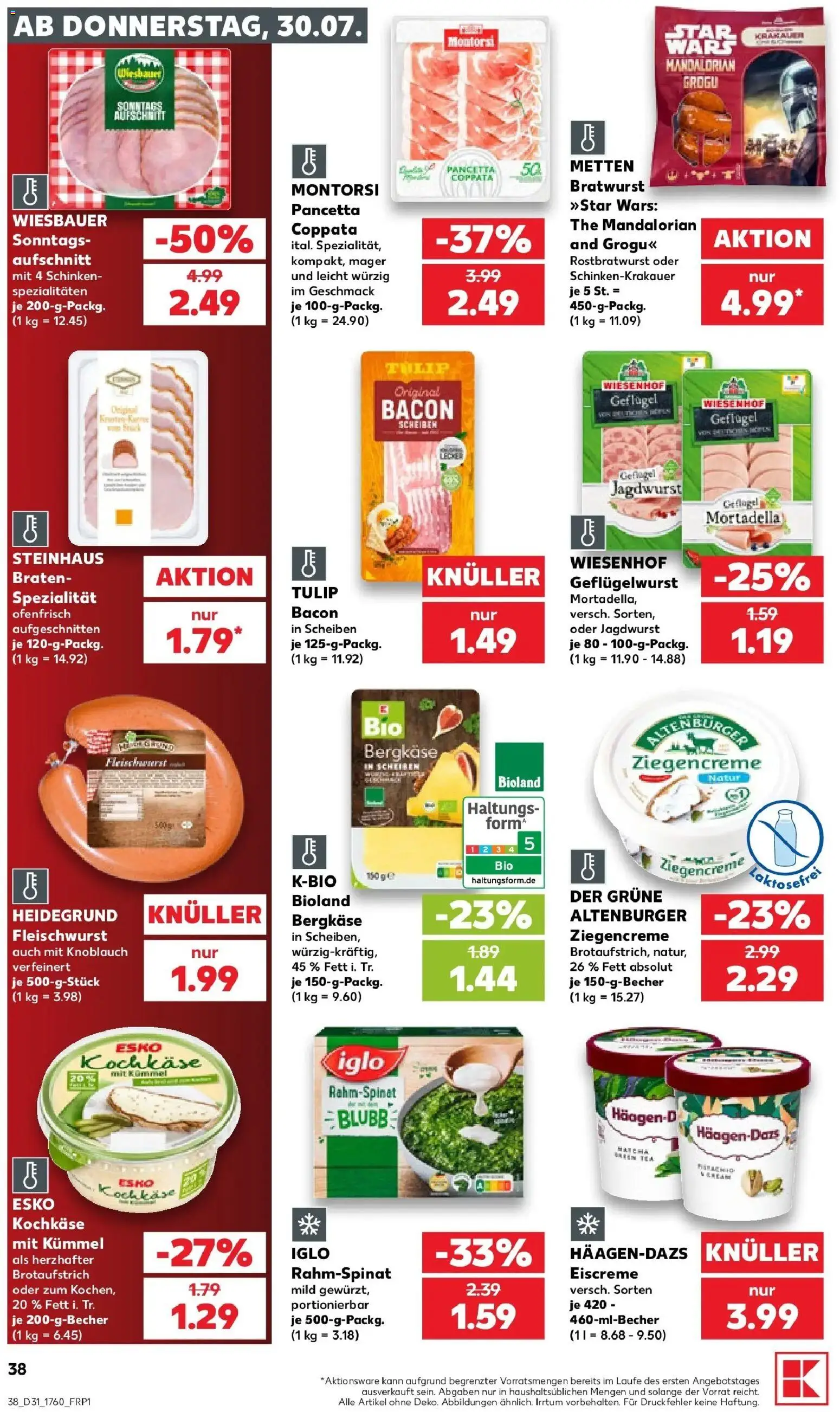 Kaufland Prospekt Bad Oldesloe – gültig ab 30.07.2026 | Seite: 38 | Produkte: Käse, Bratwurst, Eiscreme, Schinken