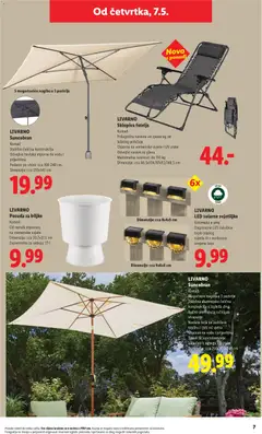 LIVARNO Sklopiva fotelja, Komad, prilagodba naslona od sjedećeg do ležećeg položaja, otporna na vremenske uvjete i UV zrake, odvojivi naslon za glavu, maksimalna nosivost: do 110 kg, dimenzije: cca 66.5x104/87x92/148.5 cm - Pregled kataloga iz trgovine Lidl, vrijedi od 11.05.2026 | Stranica: 7 | Proizvodi: Fotelja, Suncobran