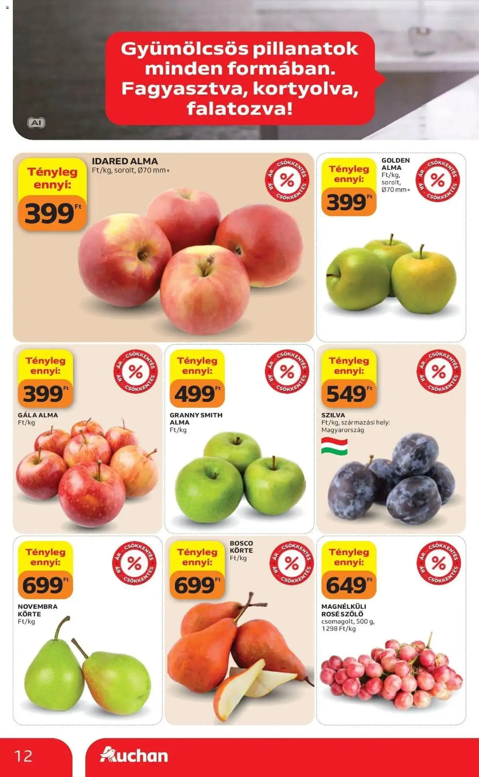 Auchan akciós újság Szolnok - 2026.10.08. -tól/töl > akció, lapozható szórólap 🛍️ | Oldal: 12 | Termékek: Szőlő, Körte, Alma, Rosé
