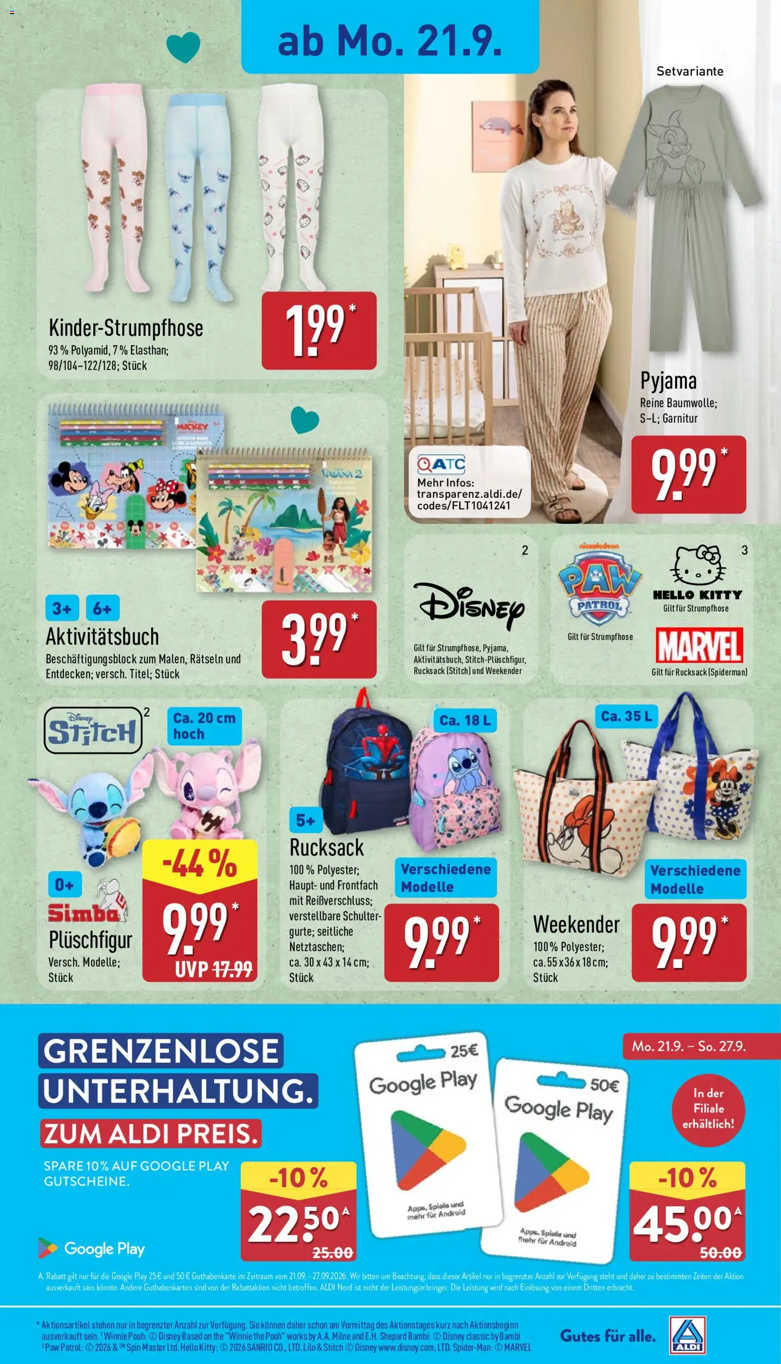 Aldi Prospekt – gültig ab 21.09.2026 | Seite: 5 | Produkte: Pyjama, Schulter, Rucksack, Strumpfhose