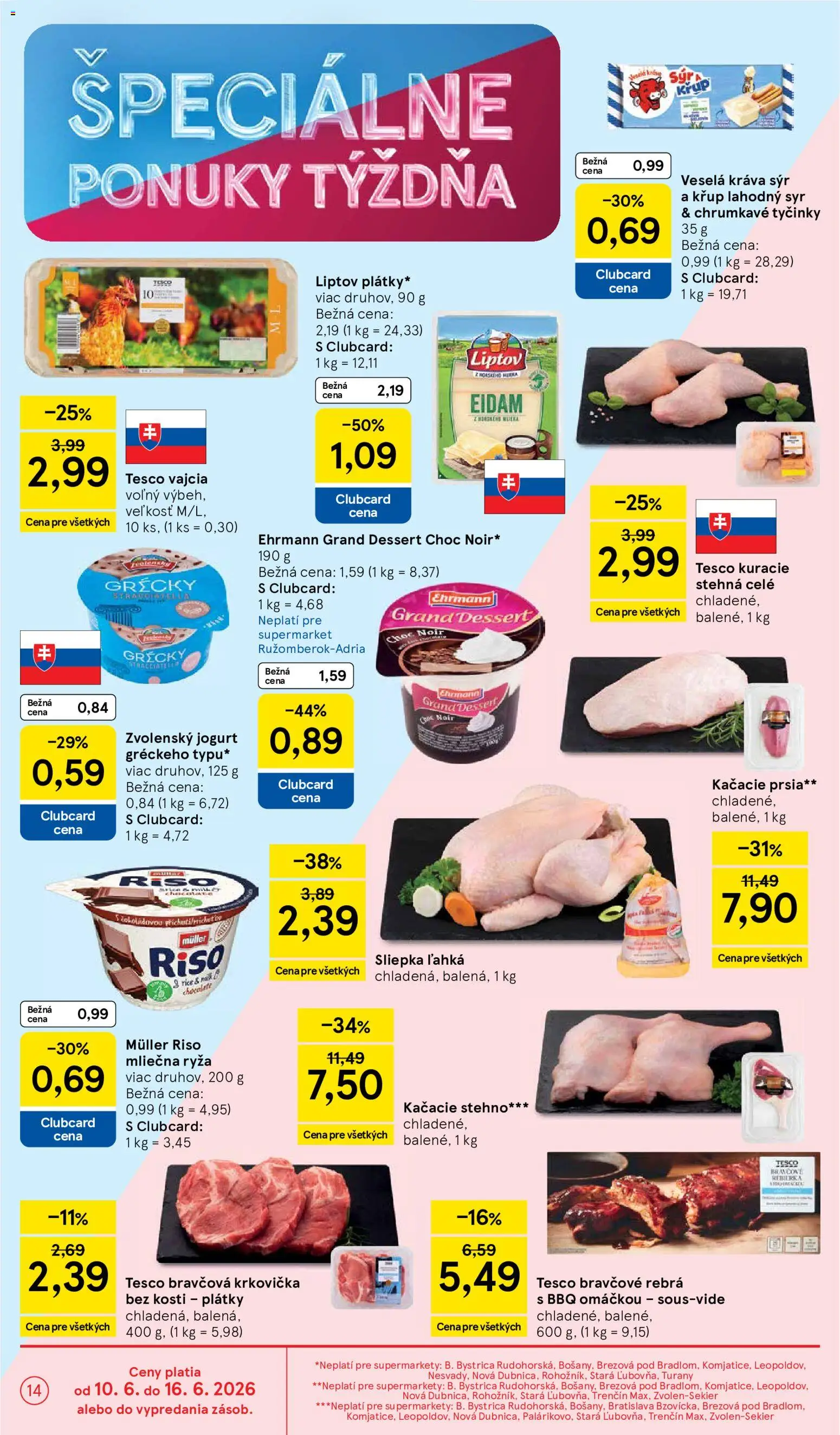 Nové Tesco akcie – leták je platný od 10.06.2026 | Strana: 14 | Produkty: Jogurt, Kačacie prsia, Ryža, Eidam