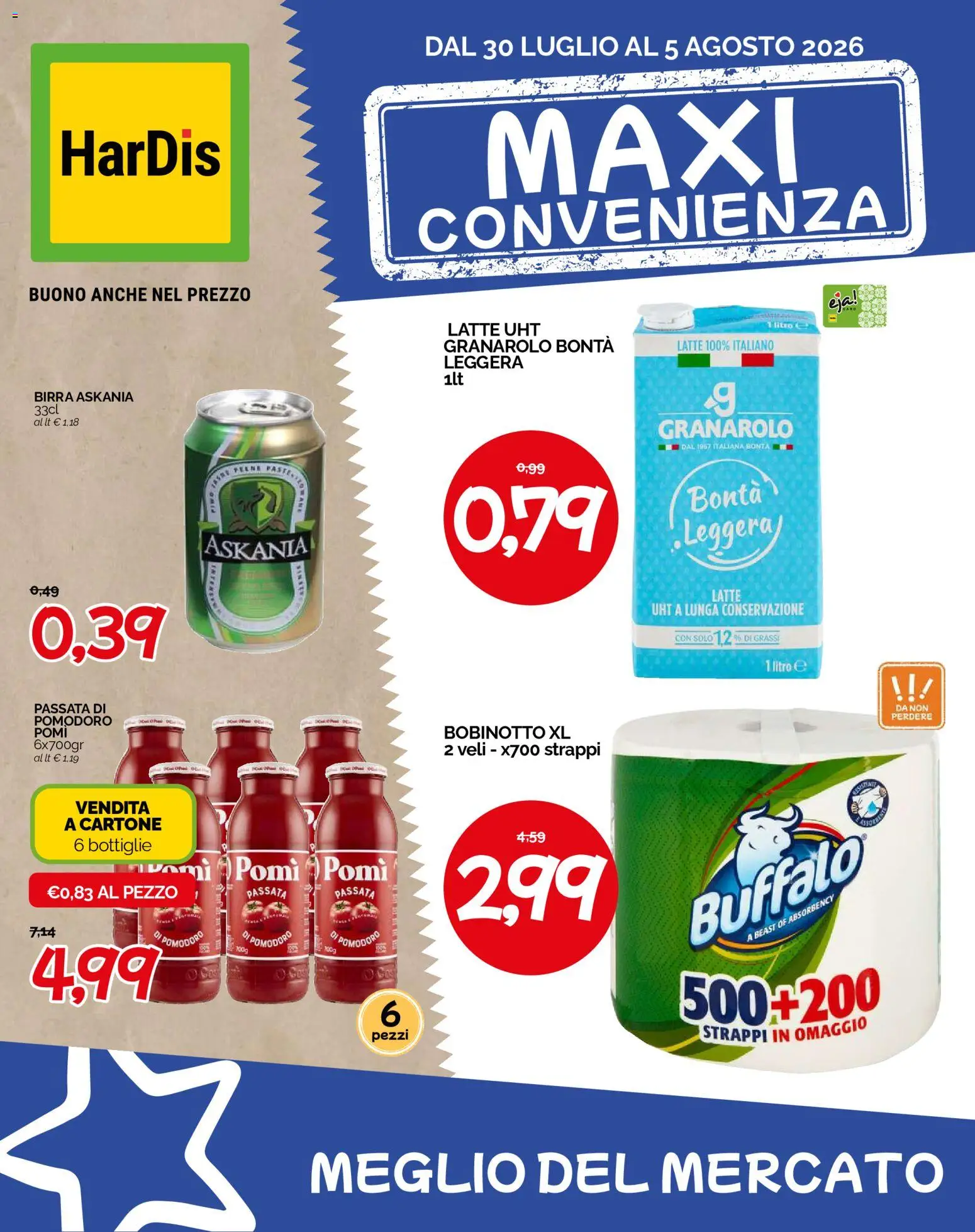 Volantino HarDis del 30/07/2026 | Pagina: 1 | Prodotti: Birra, Pomodoro, Latte