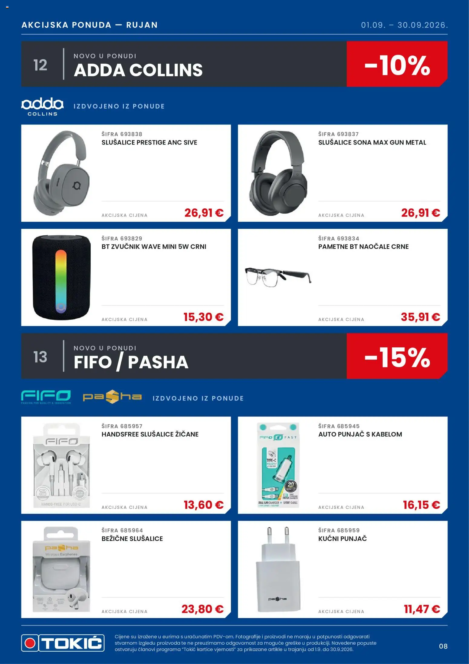 Tokić katalog | vrijedi od 01.09.2026 | Stranica: 9 | Proizvodi: Bežične slušalice, Naočale, Slušalice, Zvučnik