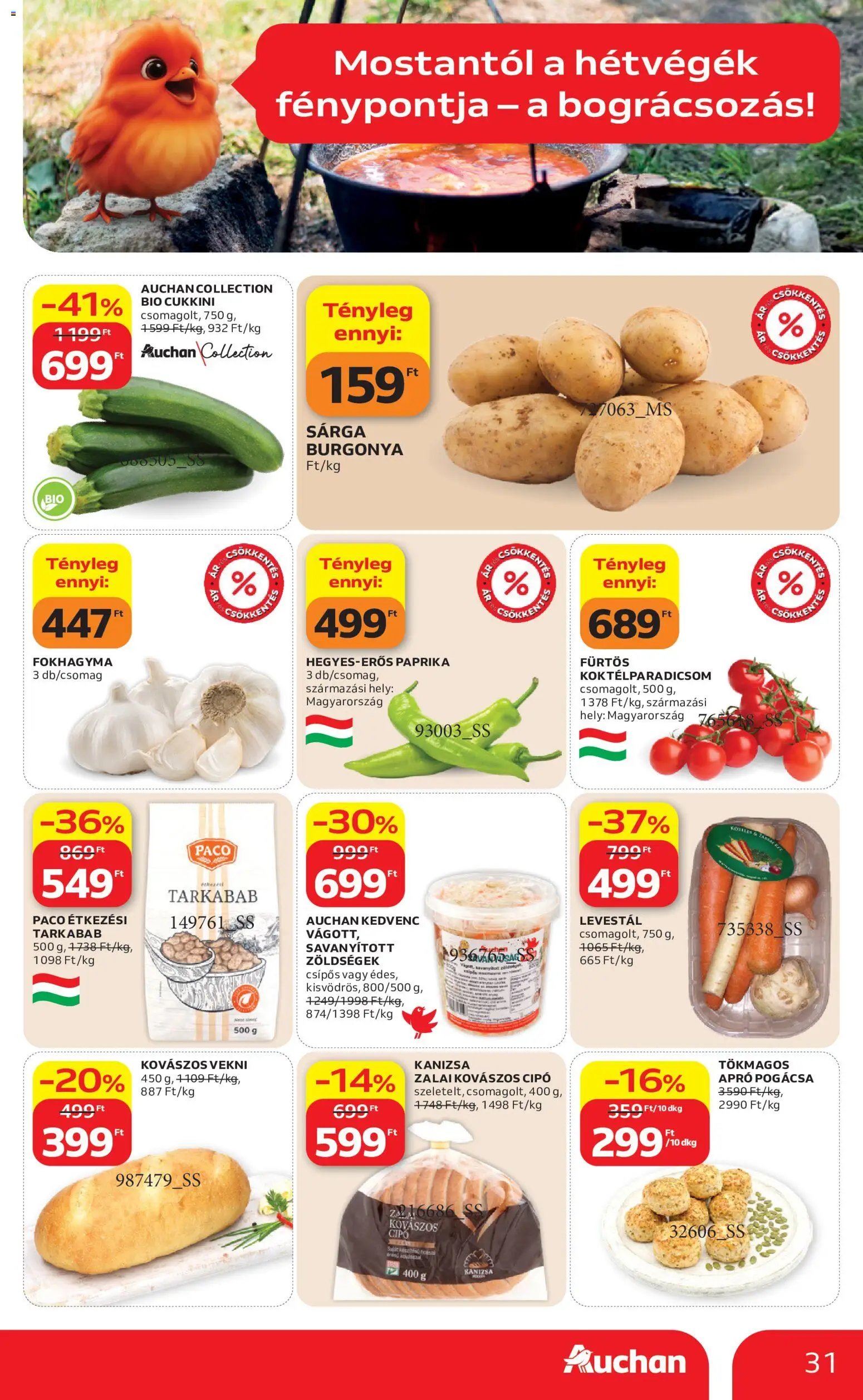 Auchan akciós ujság - amely érvényes a következő dátumtól: 21.05.2026 | Oldal: 31 | Termékek: Fokhagyma, Burgonya, Cukkini, Koktélparadicsom