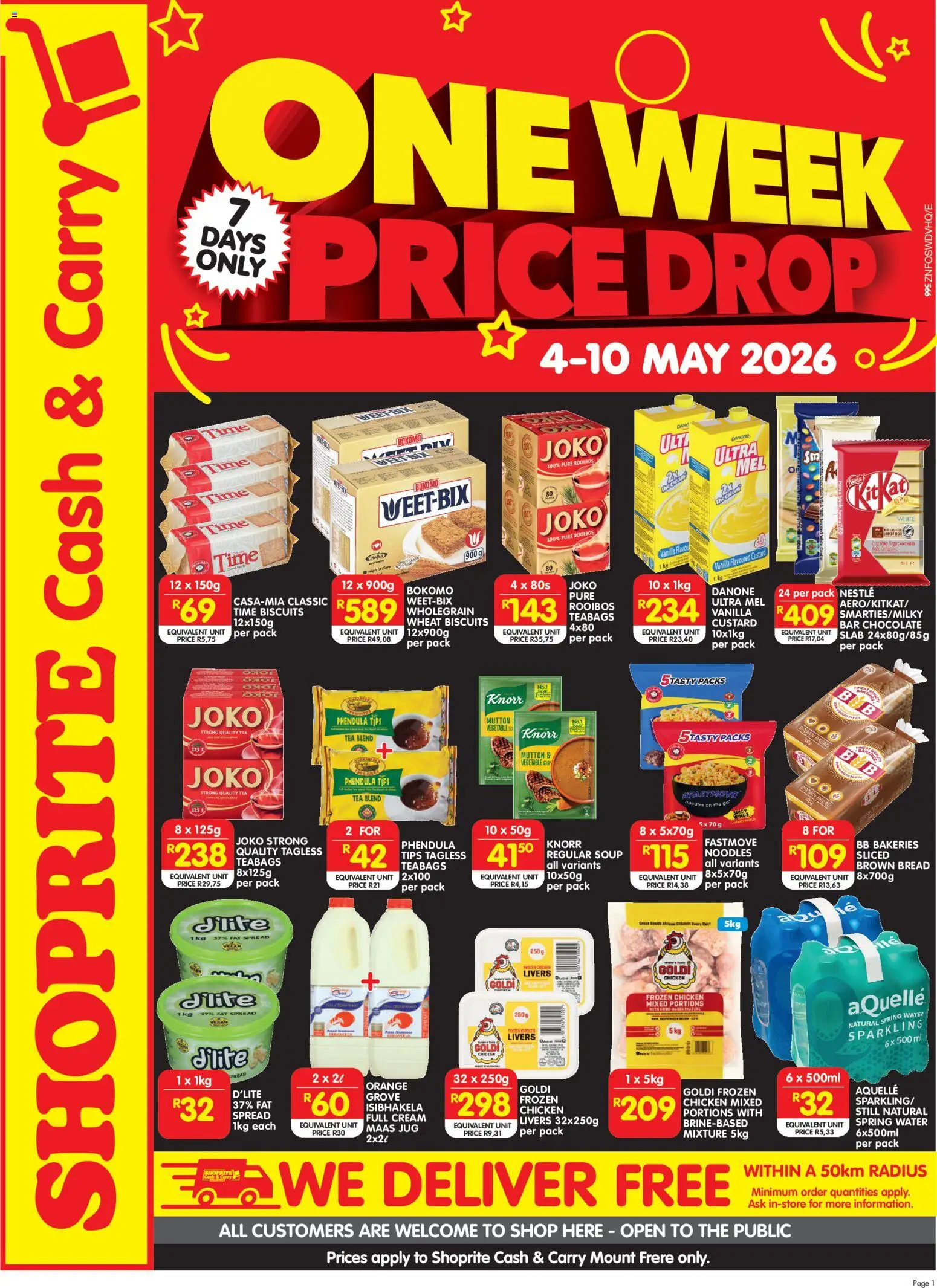 New Shoprite catalogue – valid from 04.05.2026 | Page: 1 | Products: Chocolate, Chicken, Soup, Water