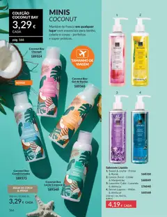 Pré-visualização Coconut Bay Loção Corporal, An Avon brand light blue travel-size body lotion bottle with tropical leaf and coconut imagery, scented with coconut water & dragon fruit. válido de 01.06.2026 | Página: 166