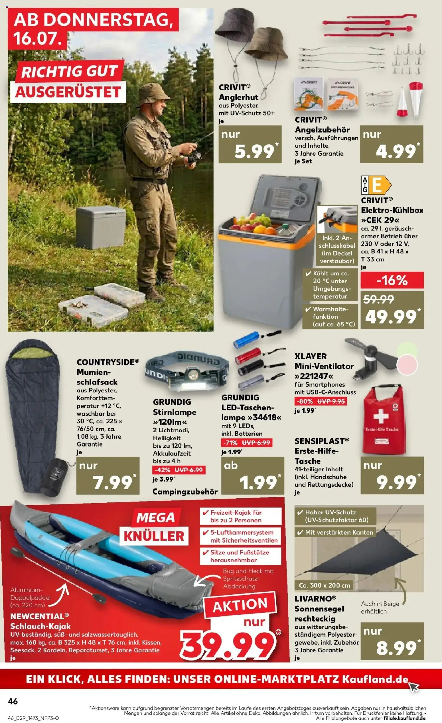 Kaufland Prospekt Finsterwalde – gültig ab 16.07.2026 | Seite: 46 | Produkte: Tasche, Lampe, Schlafsack, Smartphones