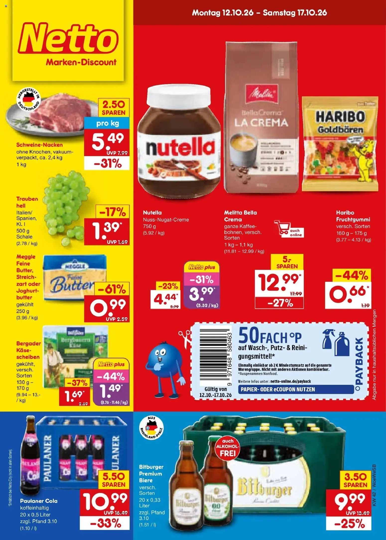 Netto Marken-Discount Prospekt Leonberg (ab 12.10.2026) » Angebote | Seite: 1 | Produkte: Bitburger, Cola, Joghurt, Paulaner