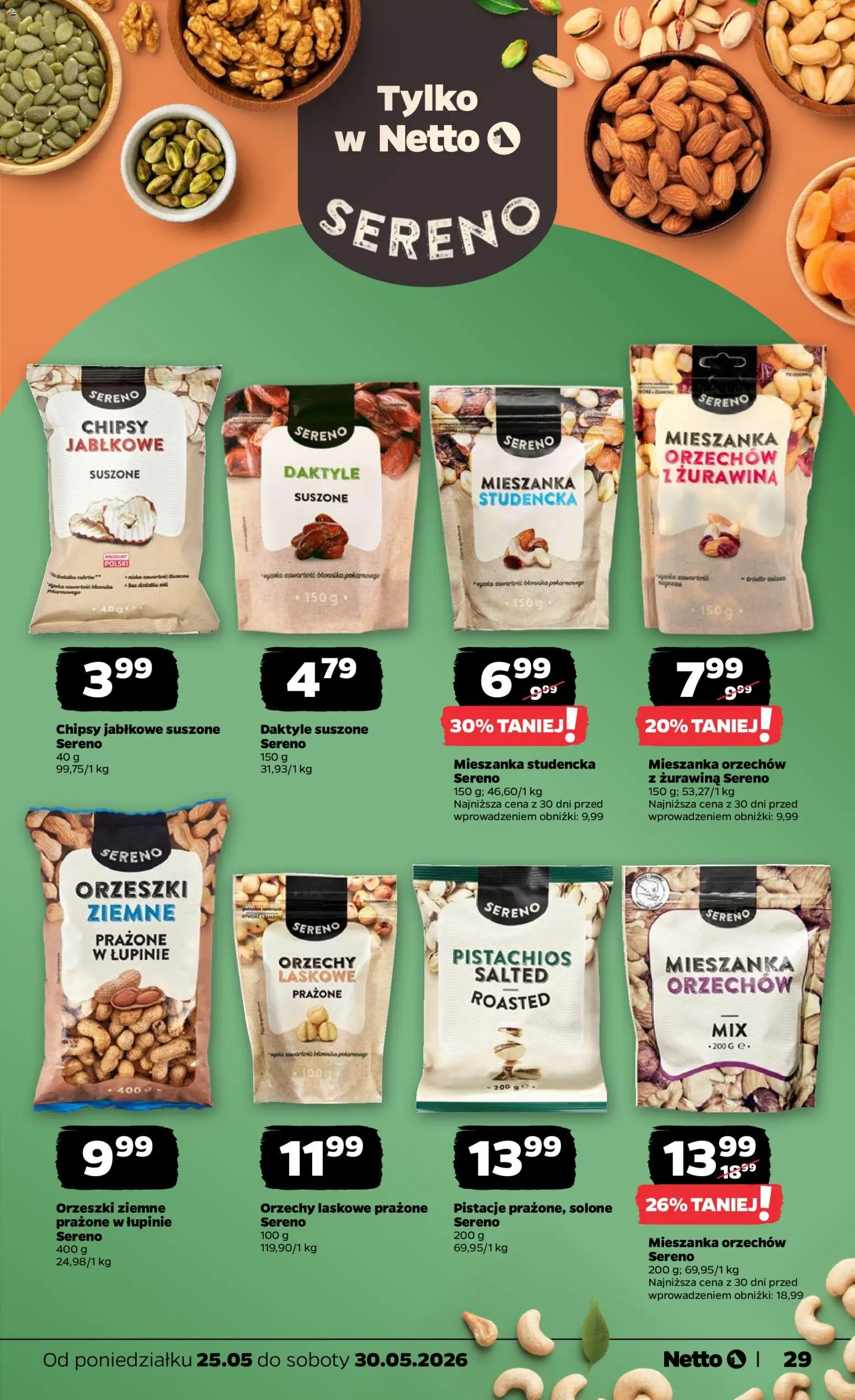 Netto gazetka od poniedziałku spożywcza od 25.05.2026 | Strona: 29 | Produkty: Orzechy laskowe prażone, Żurawina, Orzechy laskowe, Orzeszki ziemne