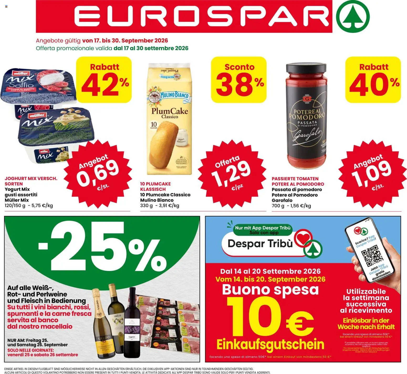 Volantino Eurospar del 17/09/2026 | Pagina: 1 | Prodotti: Pistacchio, Garofalo, Carne, Plumcake