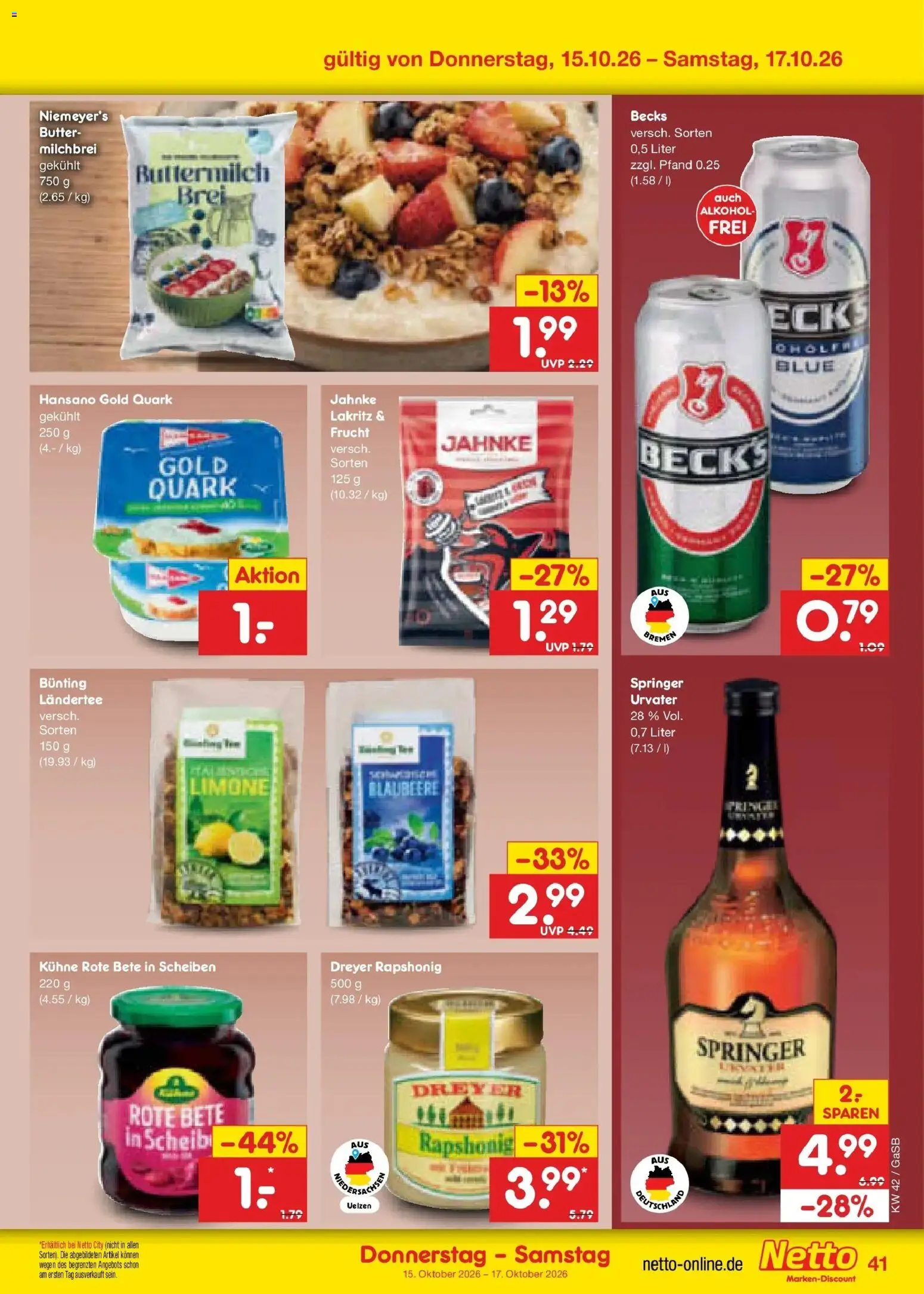 Netto Marken-Discount Prospekt Oldenburg (ab 12.10.2026) » Angebote | Seite: 57 | Produkte: Buttermilch, Quark, Butter, Alkohol