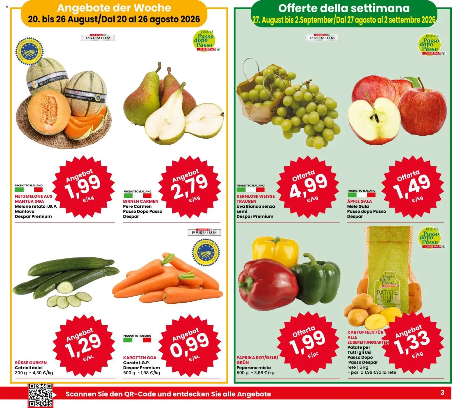Volantino Eurospar del 17/08/2026 | Pagina: 3 | Prodotti: Pere, Cetrioli, Melone, Dolci