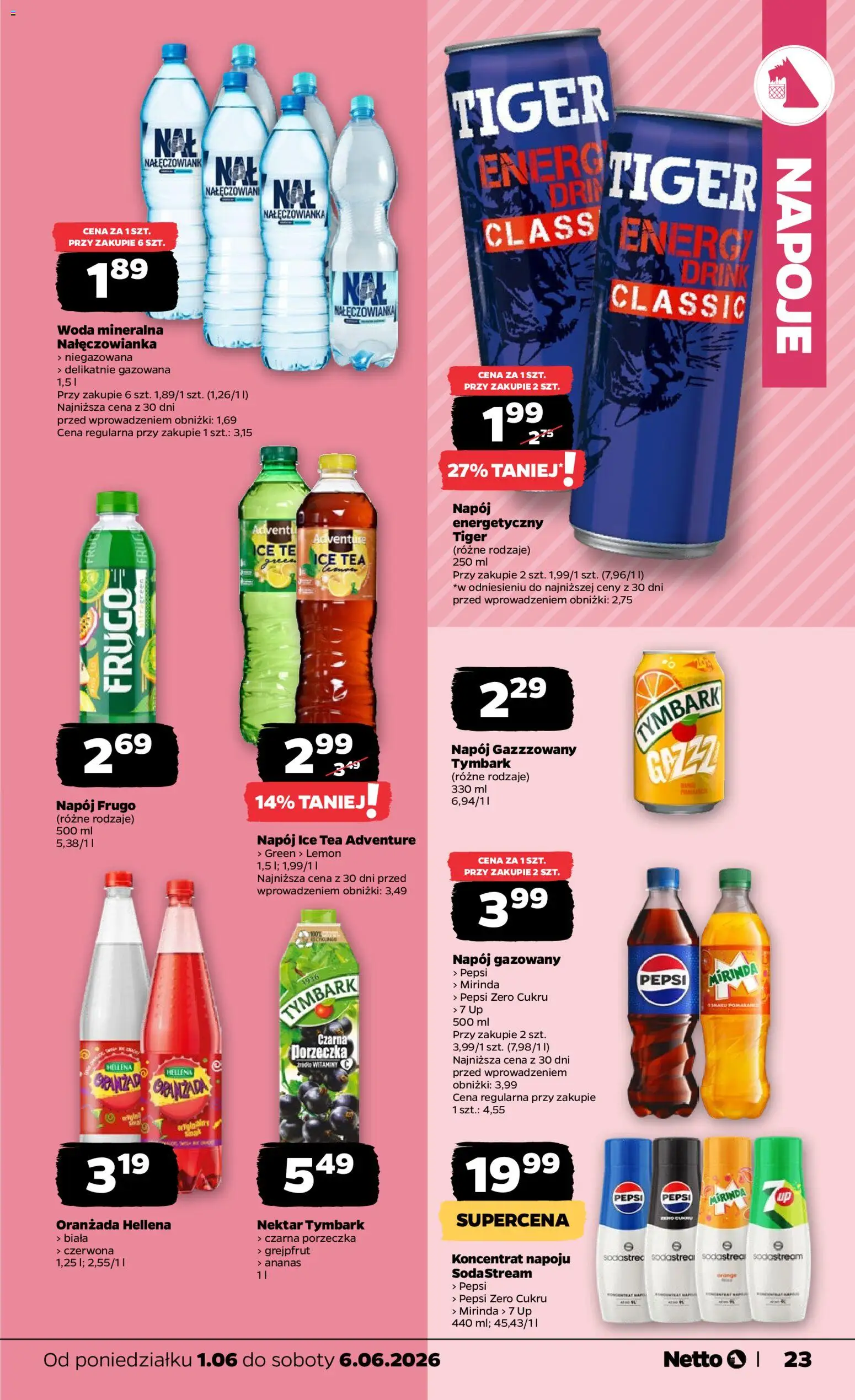 Netto gazetka od poniedziałku spożywcza od 01.06.2026 | Strona: 23 | Produkty: Woda mineralna Nałęczowianka, Ice Tea, Pepsi, Woda