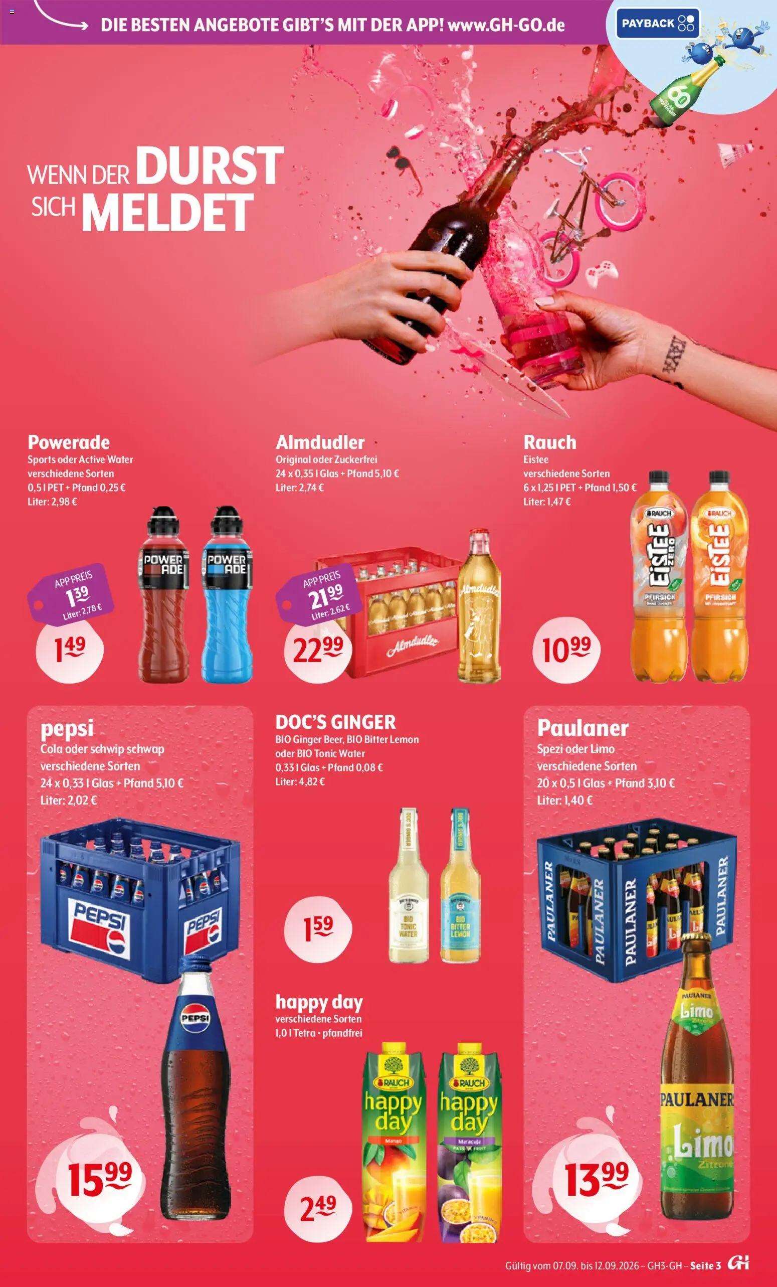 Trink und Spare Prospekt – gültig ab 07.09.2026 | Seite: 3 | Produkte: Schwip schwap, Powerade, Pepsi, Paulaner