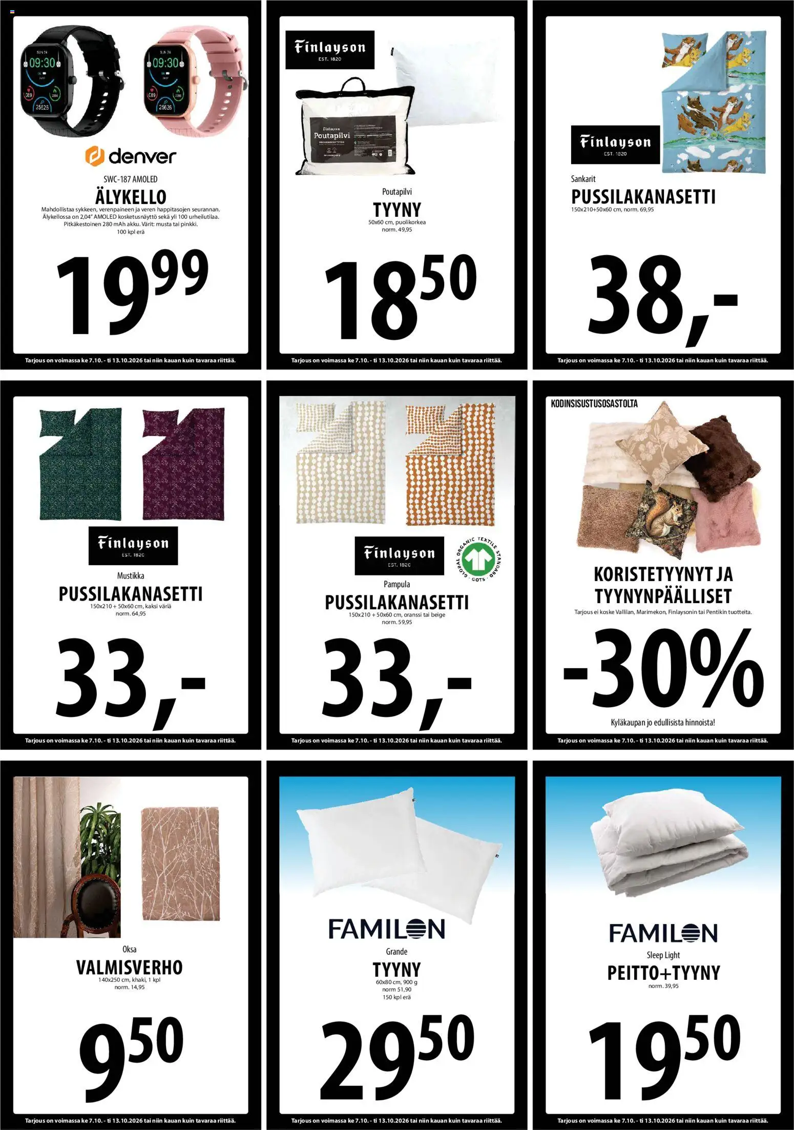 Tuuri tarjoukset – voimassa 07/10/2026 alkaen | Sivu: 17 | Tuotteet: Pussilakanasetti, Älykello, Mustikka, Tyyny