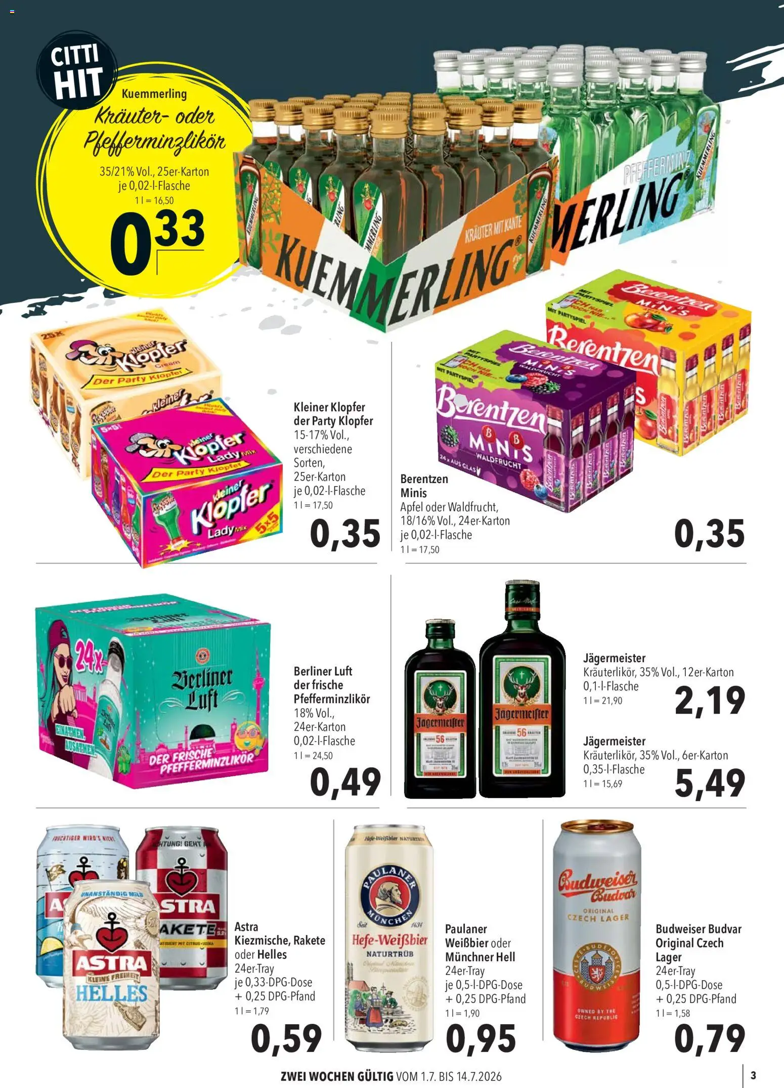 CITTI Markt Kioskwerbung – gültig ab 01.07.2026 | Seite: 3 | Produkte: Berliner, Äpfel, Astra, Berentzen