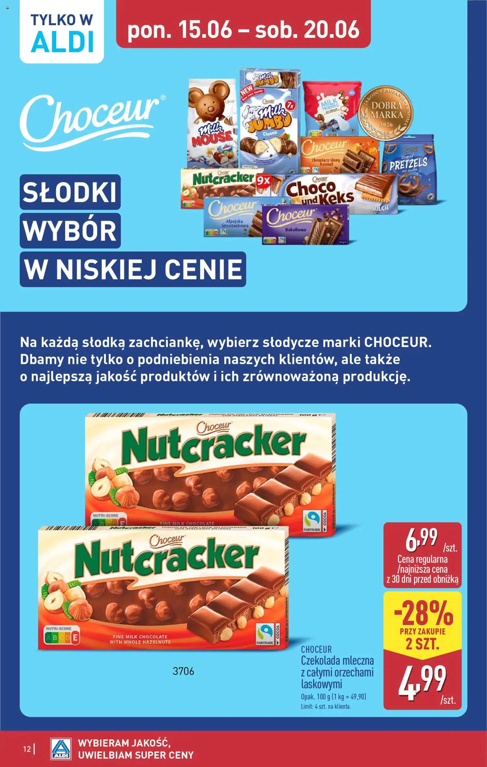 Aldi gazetka od 15.06.2026 | Strona: 12 | Produkty: Słodycze, Czekolada mleczna, Czekolada