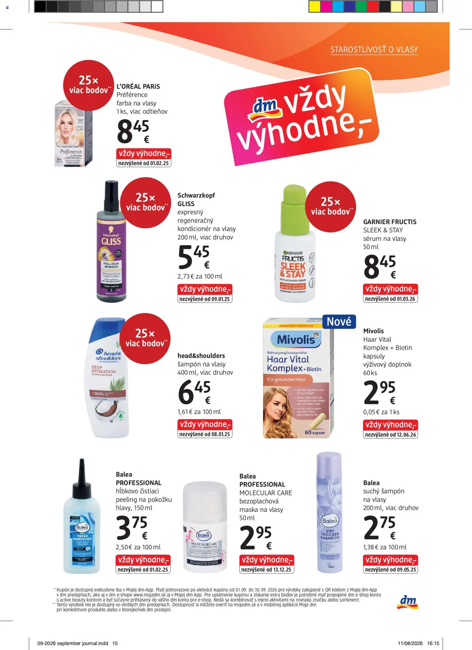 Nové dm drogerie akcie – leták je platný od 01.09.2026 | Strana: 15 | Produkty: Šampón, Kondicionér, Maska na vlasy, Maska