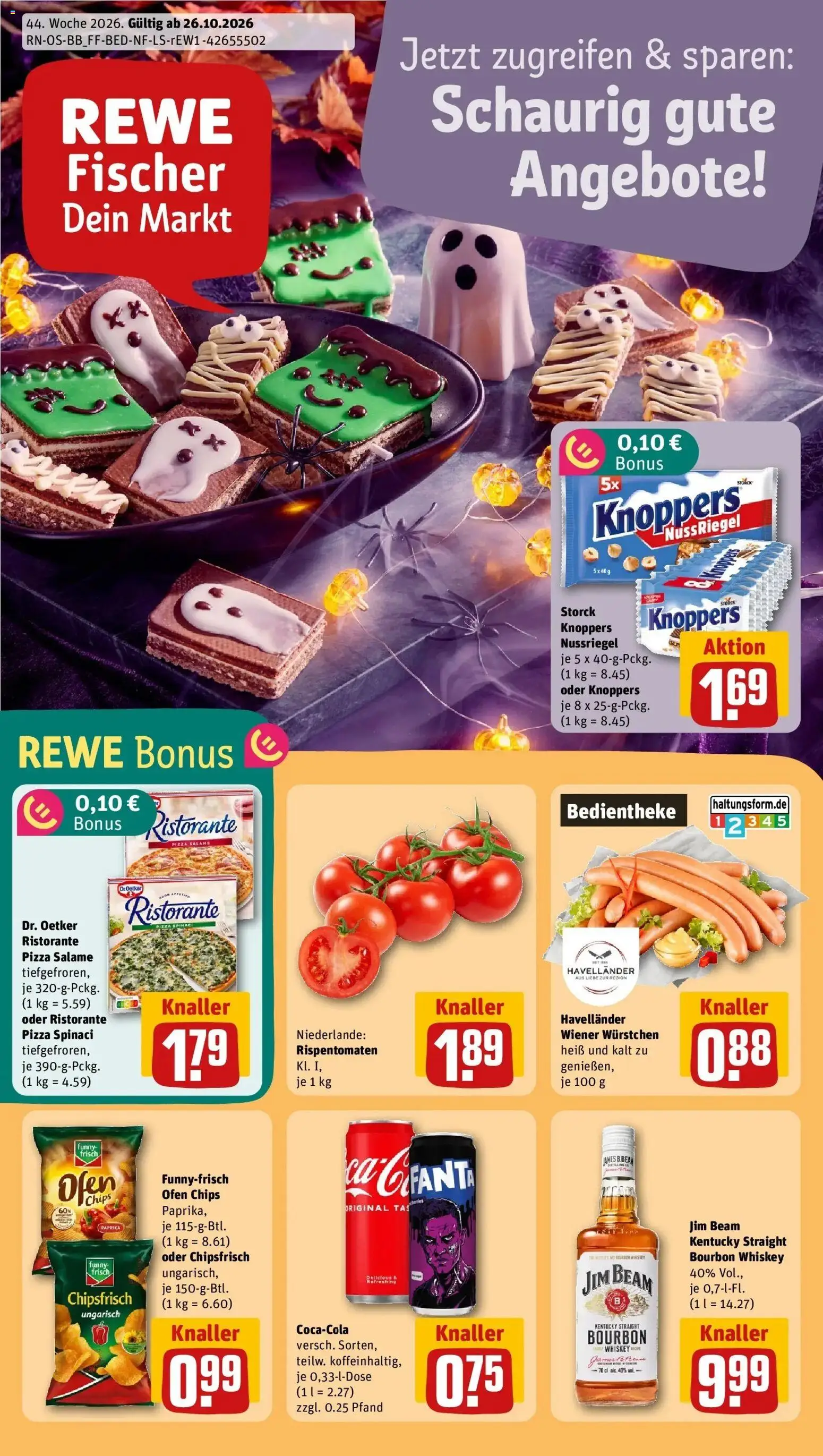 REWE Prospekt ab 26.10.2026 zum Blättern » Angebote | Seite: 1 | Produkte: Wiener wurstchen, Funny frisch, Bourbon, Chips