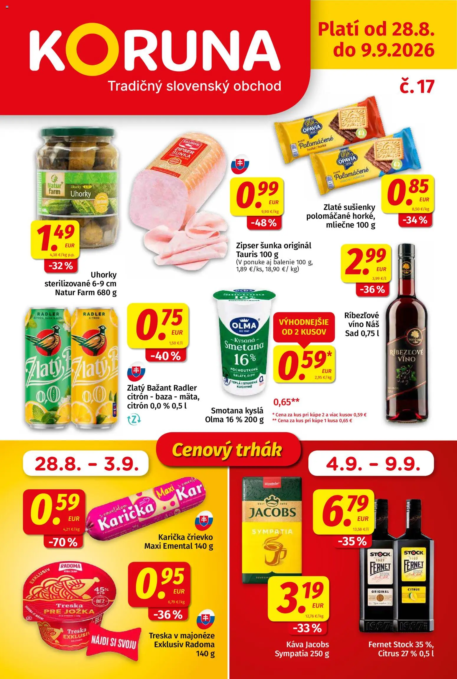 Nové Koruna akcie – leták je platný od 14.08.2026 | Strana: 1 | Produkty: Sušienky, Radler, Fernet Stock, Treska