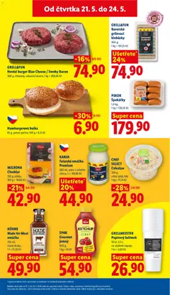 Náhled letáku MILBONA Cheddar, 150 g, plátky, 100 g = 28,60 Kč od 21.05.2026 | Strana: 21 | Produkty: Burger, Špekáčky, Hamburgerová bulka, Tatarská omáčka