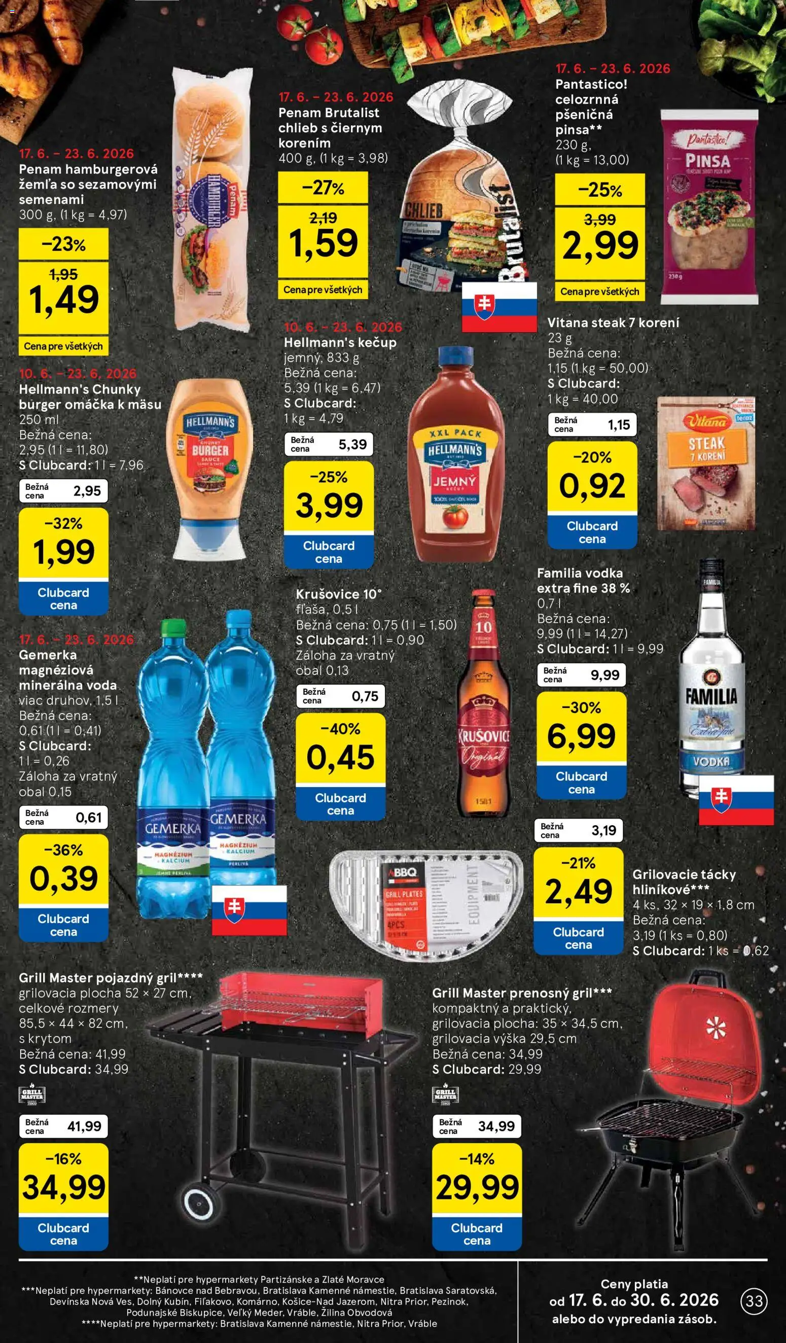 Nové Tesco akcie – leták je platný od 17.06.2026 | Strana: 33 | Produkty: Gril, Chlieb, Krušovice, Steak