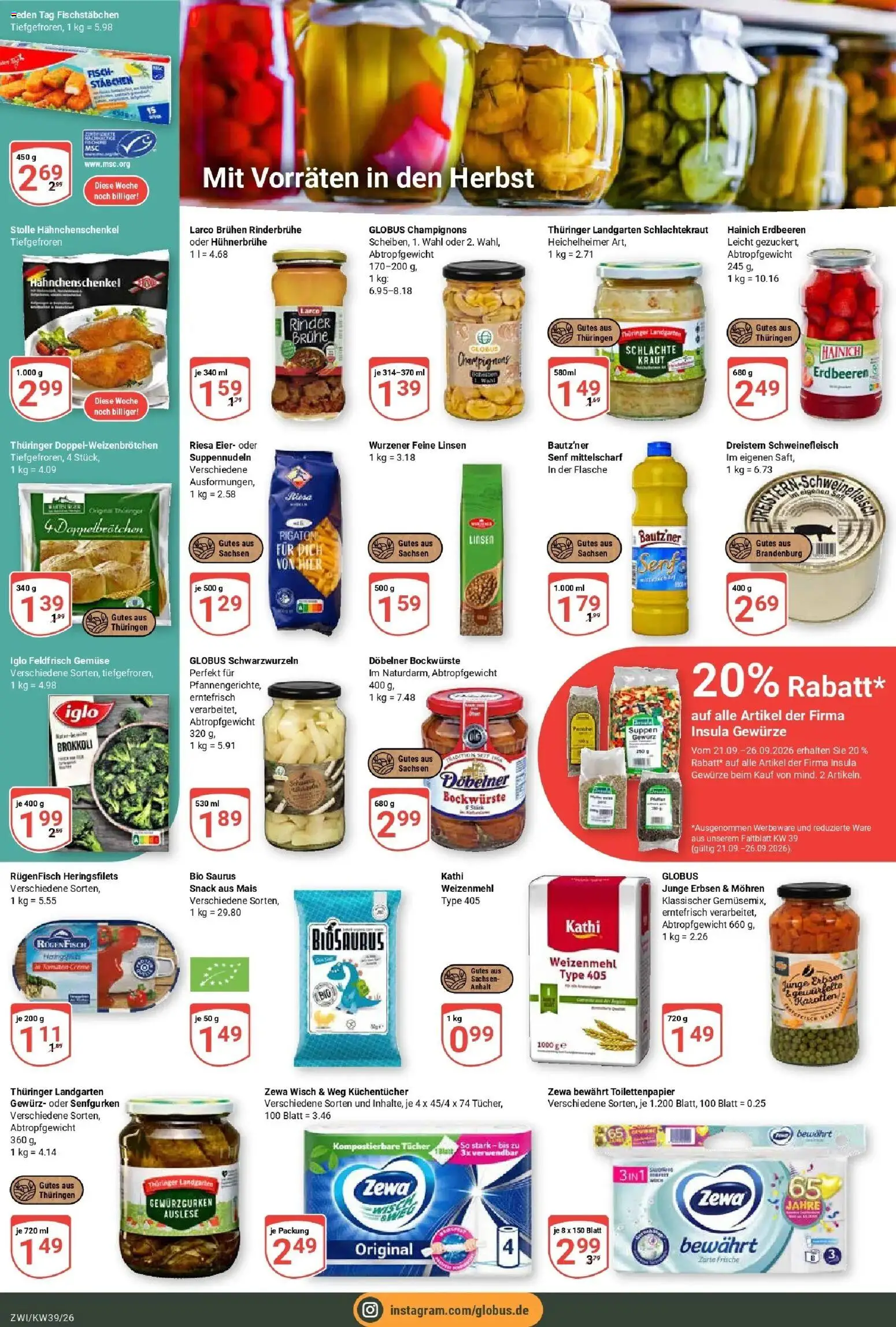 Globus Prospekt Zwickau (ab 21.09.2026) » Angebote online | Seite: 20 | Produkte: Mohren, Gewürze, Fischstabchen, Erdbeeren