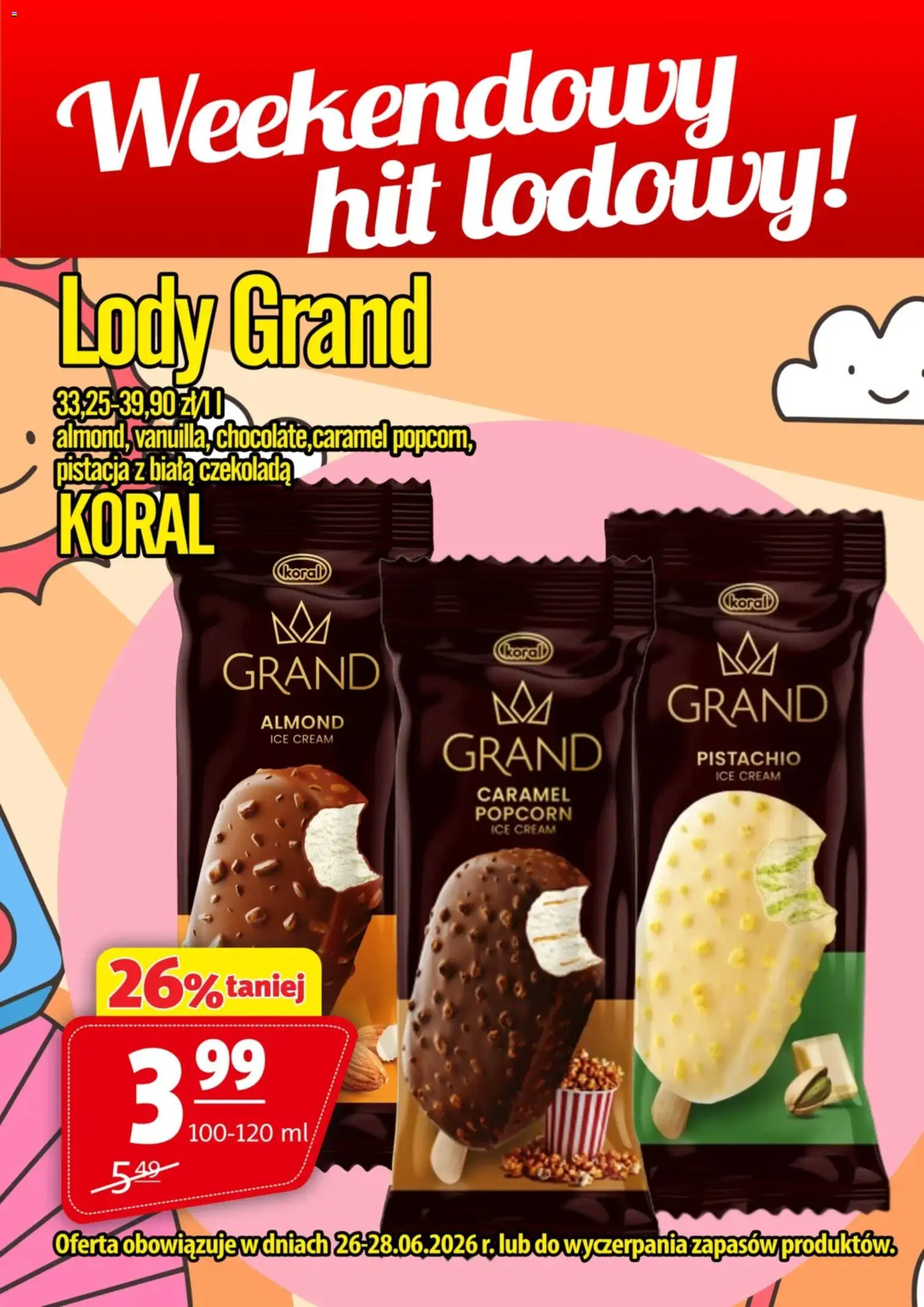 Prim Market promocja - Lody Grand Koral od 26.06.2026 | Strona: 1 | Produkty: Czekolada, Popcorn, Lody
