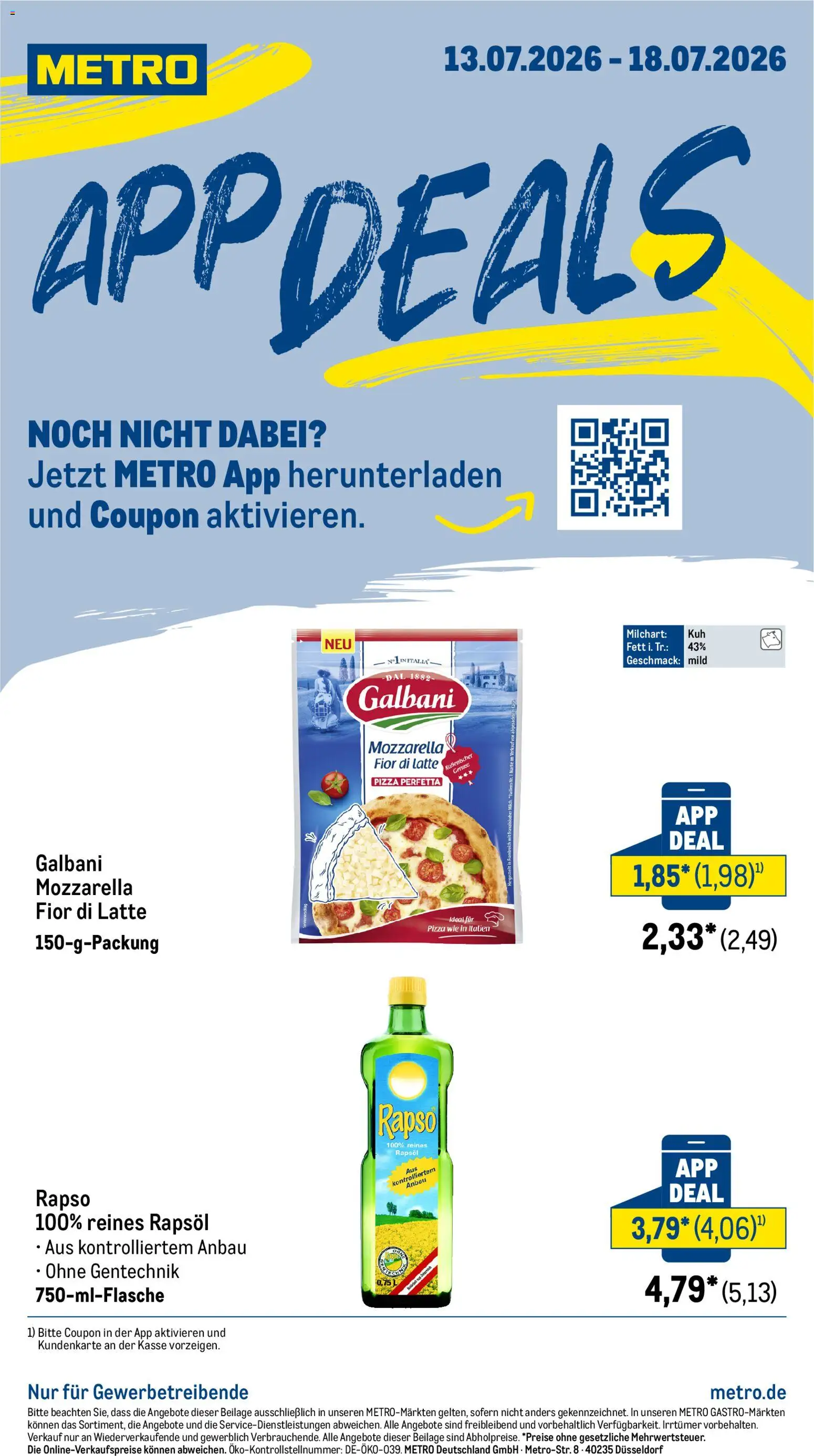 Metro App Deals – gültig ab 13.07.2026 | Seite: 1 | Produkte: Rapsöl, Mozzarella, Pizza
