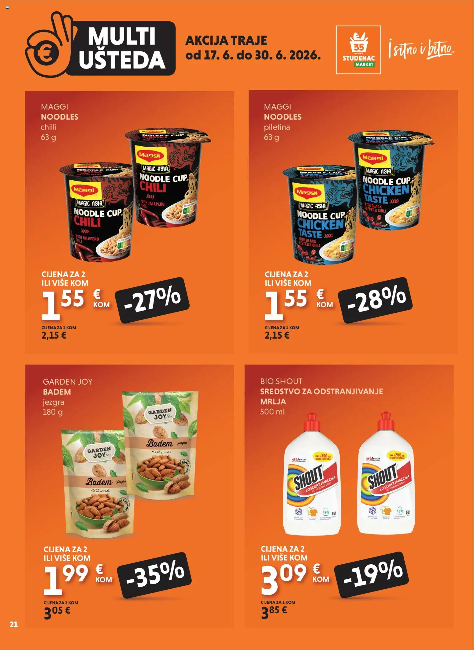 Studenac katalog | vrijedi od 17.06.2026 | Stranica: 21 | Proizvodi: Piletina, Noodle, Badem