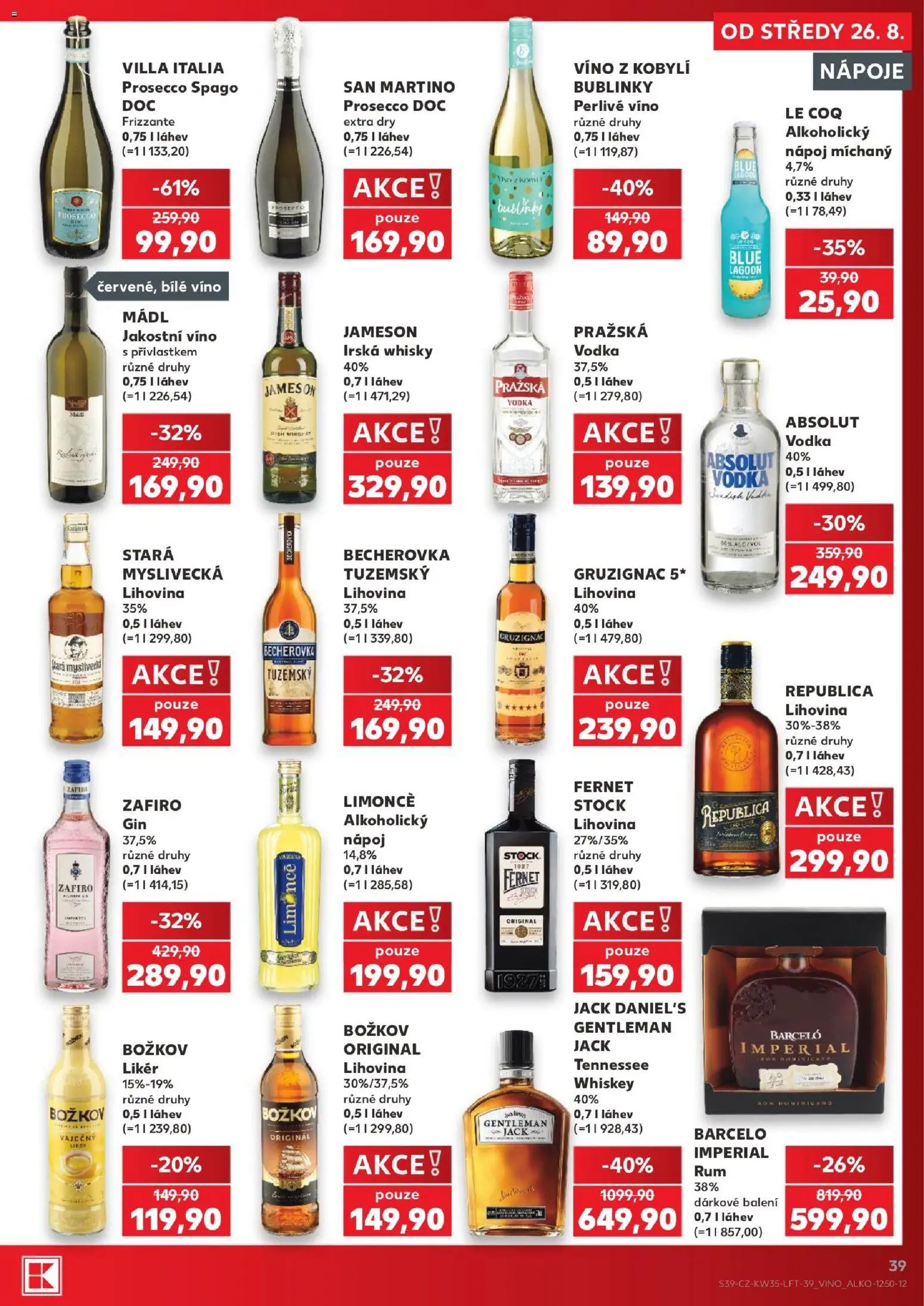 Kaufland leták - Plzeň Bory od 26.08.2026 | Strana: 39 | Produkty: Fernet Stock, Frizzante, Republica, Láhev