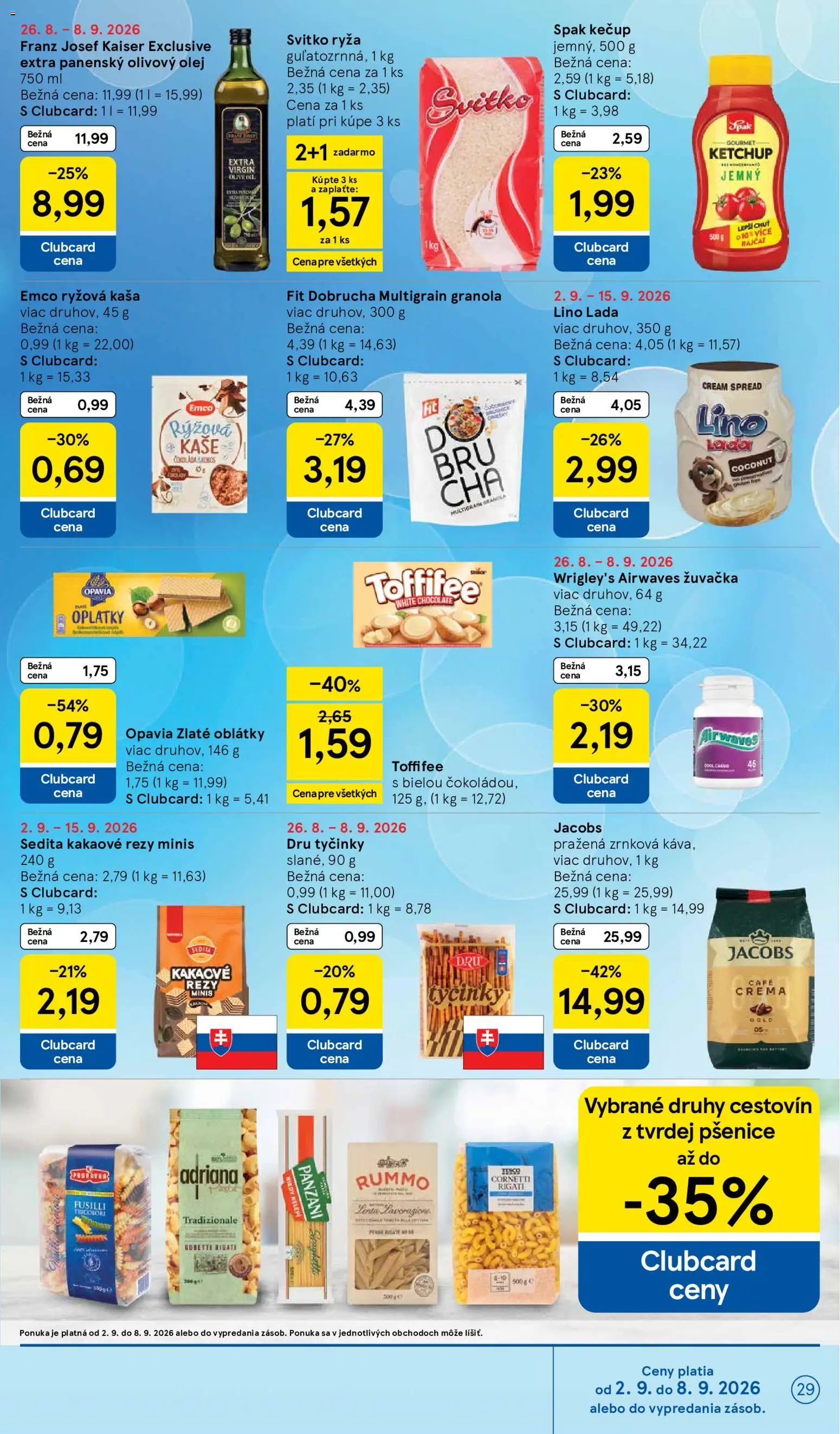 Nové Tesco akcie – leták je platný od 02.09.2026 | Strana: 29 | Produkty: Olej, Káva, Extra panenský olivový olej, Zrnková káva