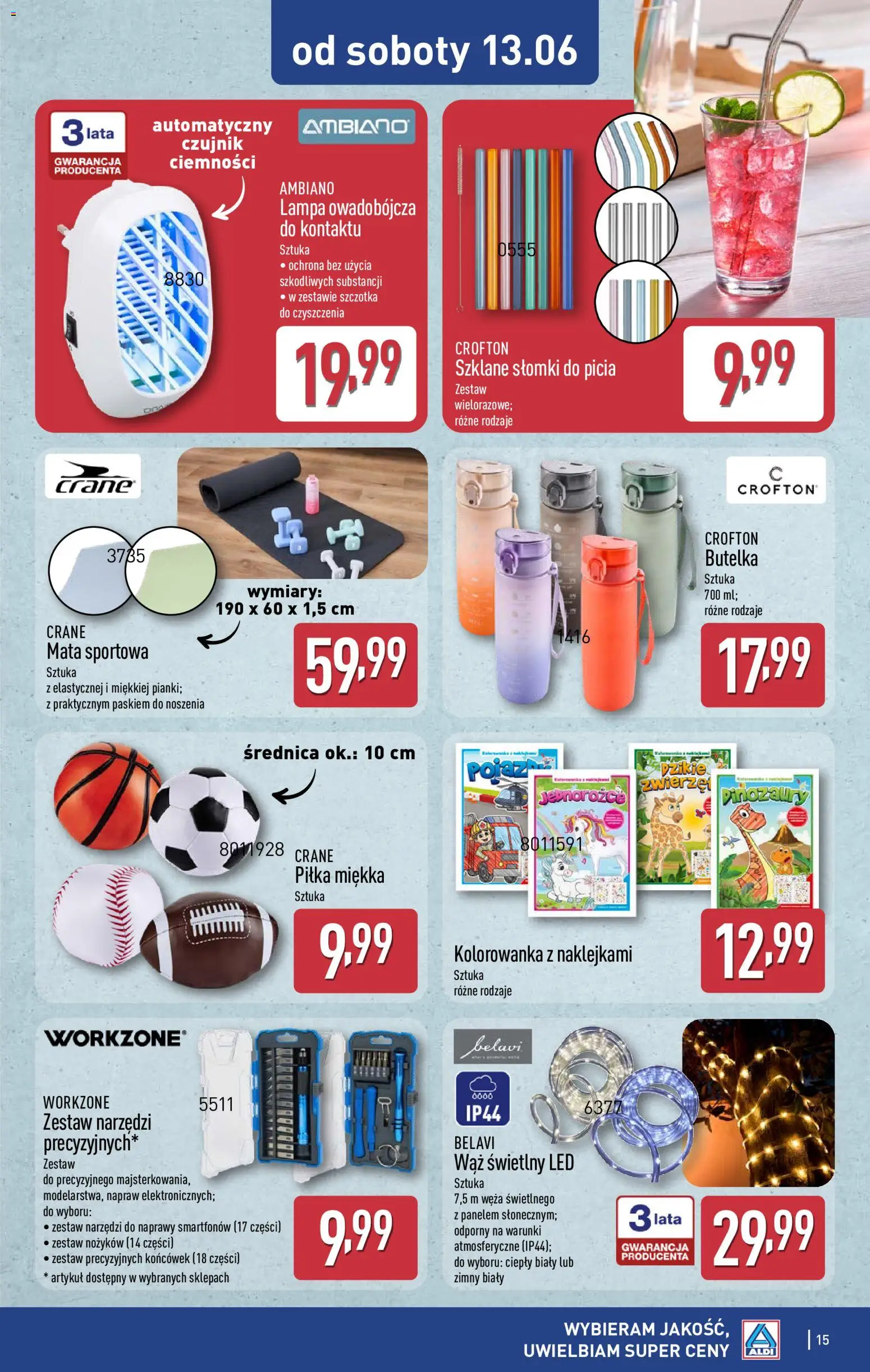 Aldi gazetka - Hity od Środy i od Soboty od 10.06.2026 | Strona: 15 | Produkty: Zestaw narzędzi, Słomki, Lampa, Szczotka