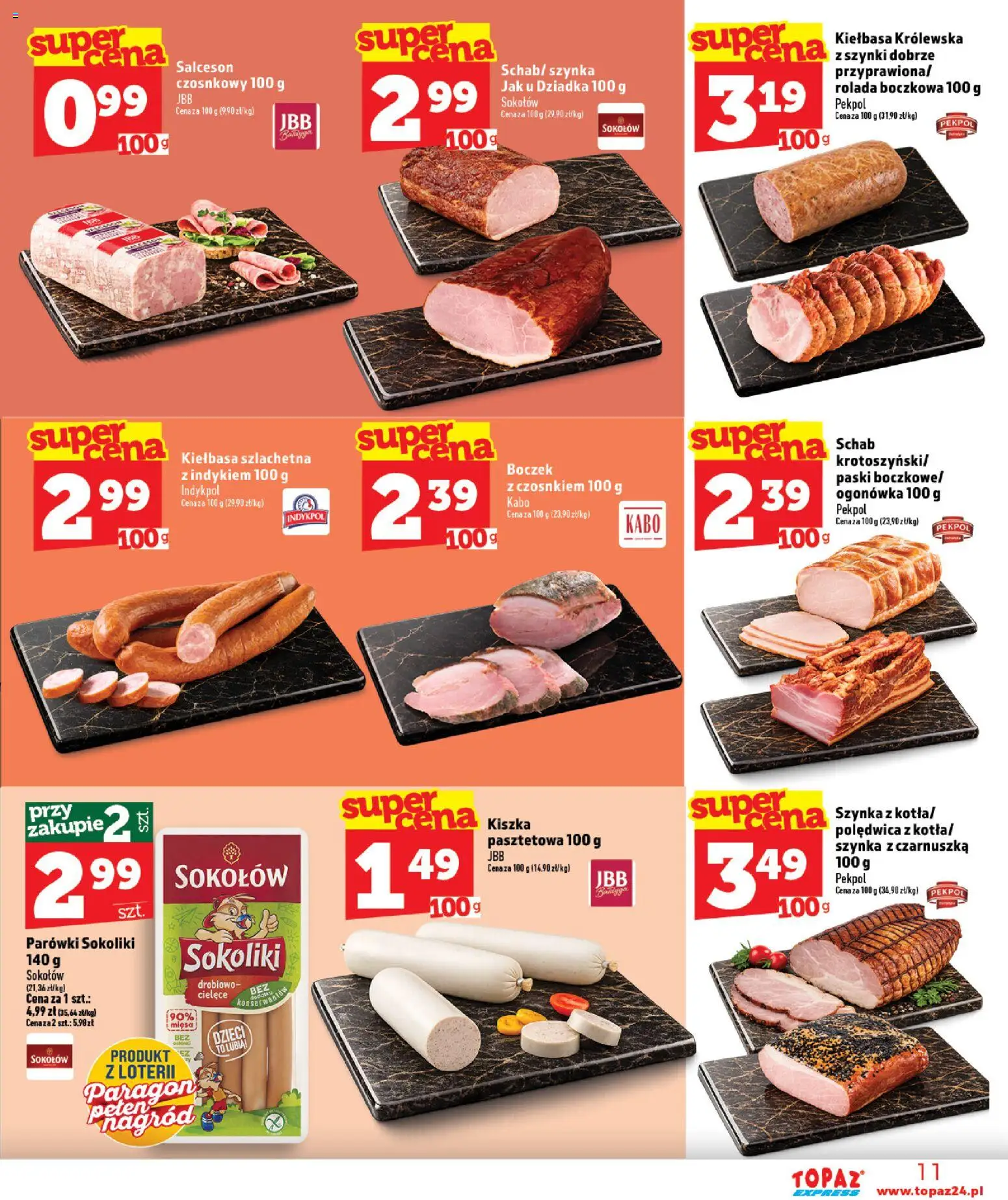 Topaz gazetka - Express od 20.08.2026 | Strona: 11 | Produkty: Kiełbasa, Schab, Parówki, Boczek