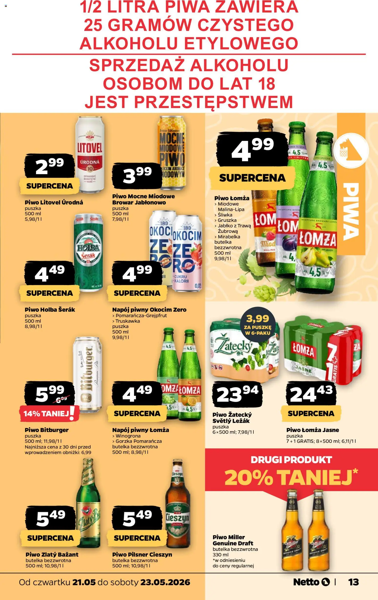 Netto gazetka od czwartku spożywcza od 21.05.2026 | Strona: 13 | Produkty: Gruszka, Miód, Leżak, Piwo