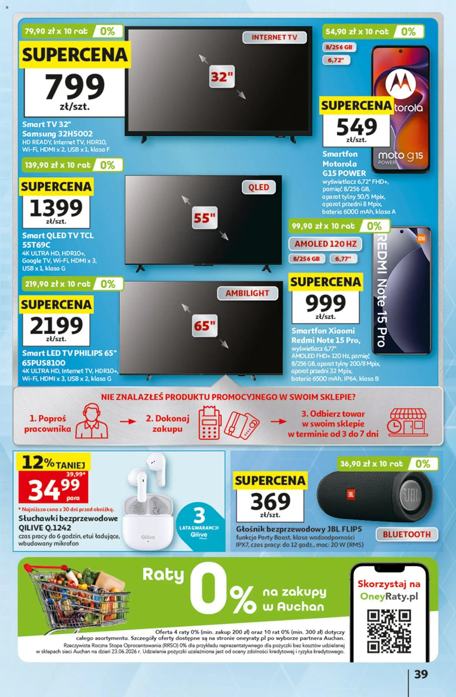 Auchan gazetka od 13.08.2026 | Strona: 39 | Produkty: Głośnik, USB, Słuchawki bezprzewodowe, Bateria