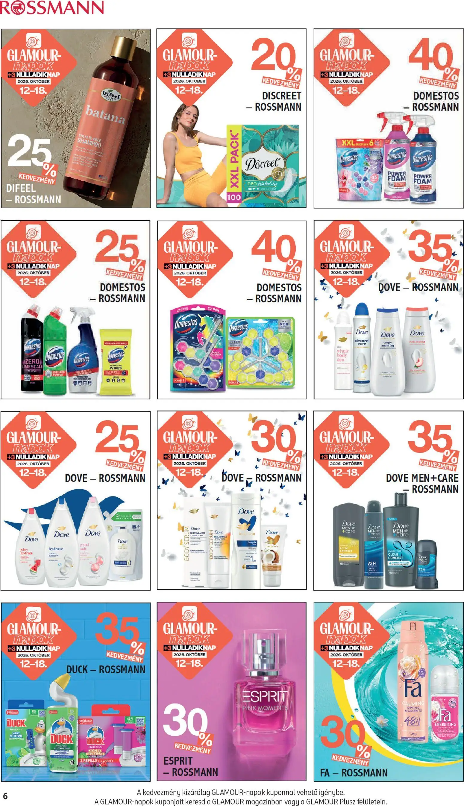 Rossmann akciós ujság - amely érvényes a következő dátumtól: 2026.10.12. | Oldal: 6 | Termékek: Dove, Body, FA, Domestos