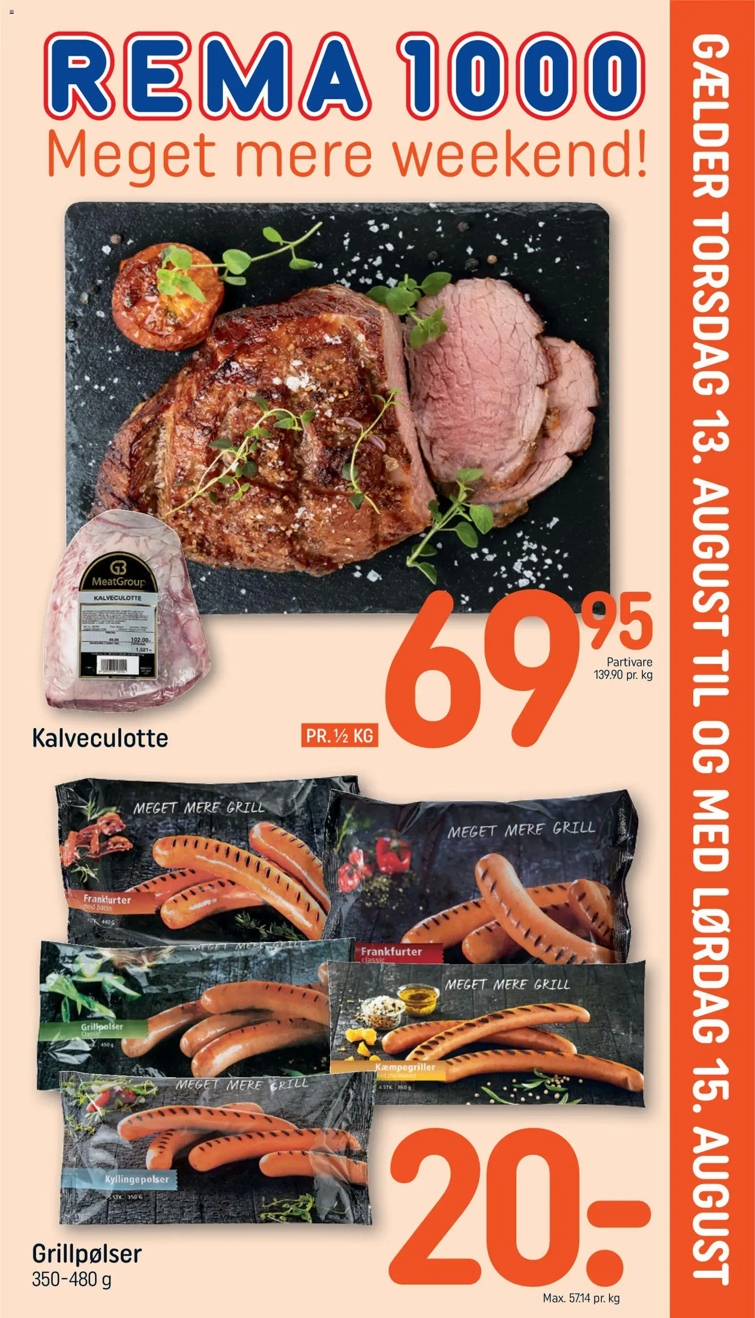Rema 1000 tilbudsavis – gyldig fra 13/08/2026 | Side: 1 | Produkter: Kyllingepølser, Grillpølser, Bacon, Grill