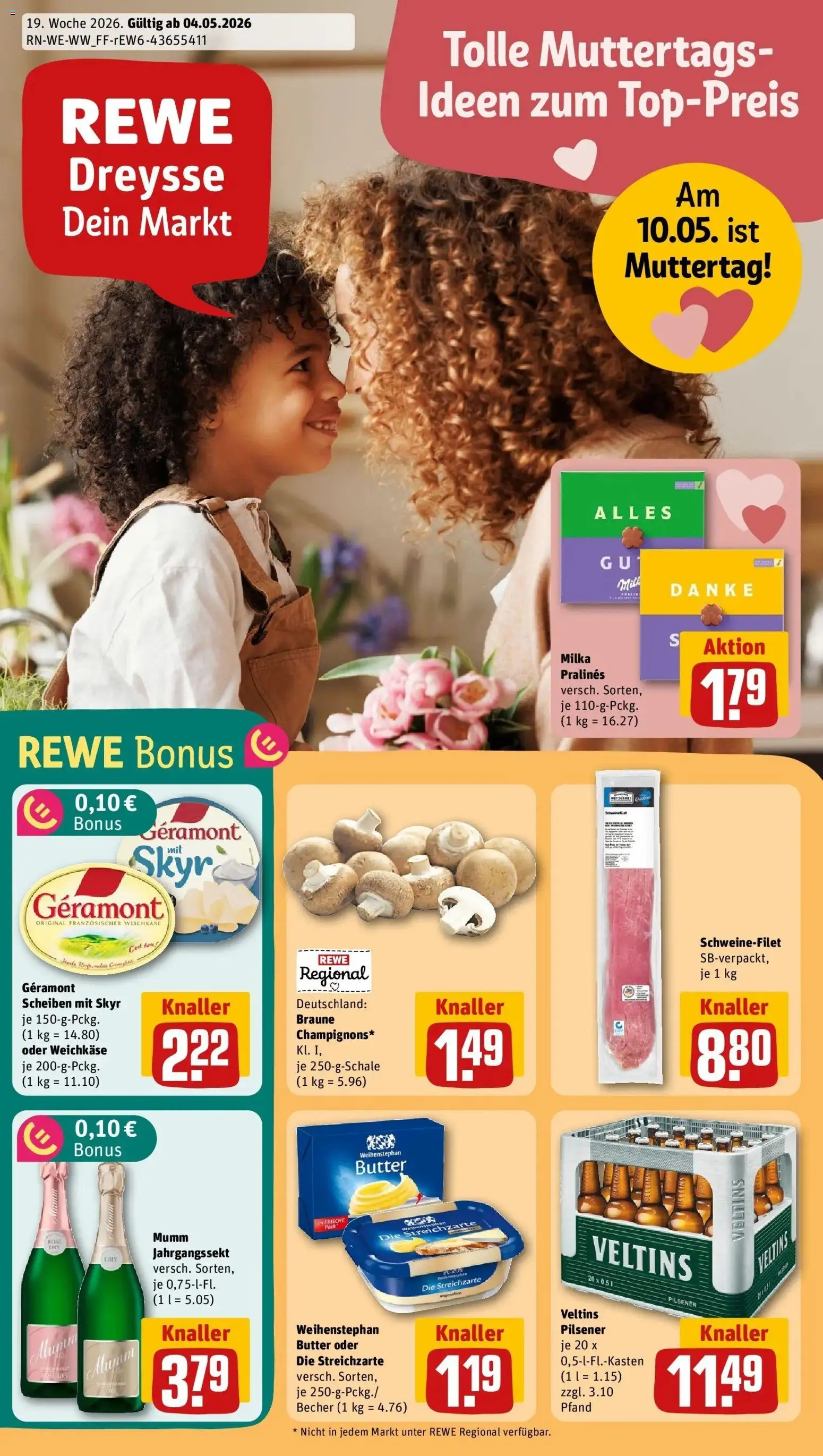 REWE Prospekt ab 04.05.2026 zum Blättern » Angebote | Seite: 1 | Produkte: Geramont, Butter, Milka, Veltins