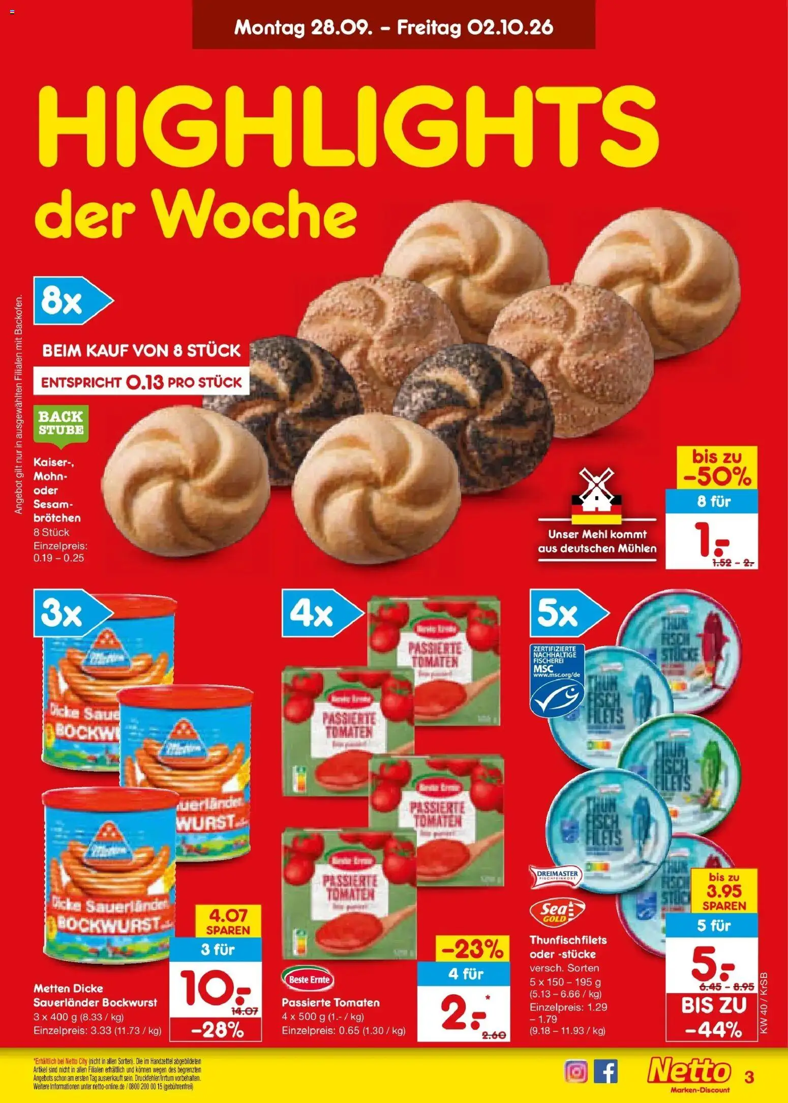 Netto Marken-Discount Prospekt Jüchen – gültig ab 28.09.2026 | Seite: 3 | Produkte: Bockwurst, Mehl, Tomaten, Wurst
