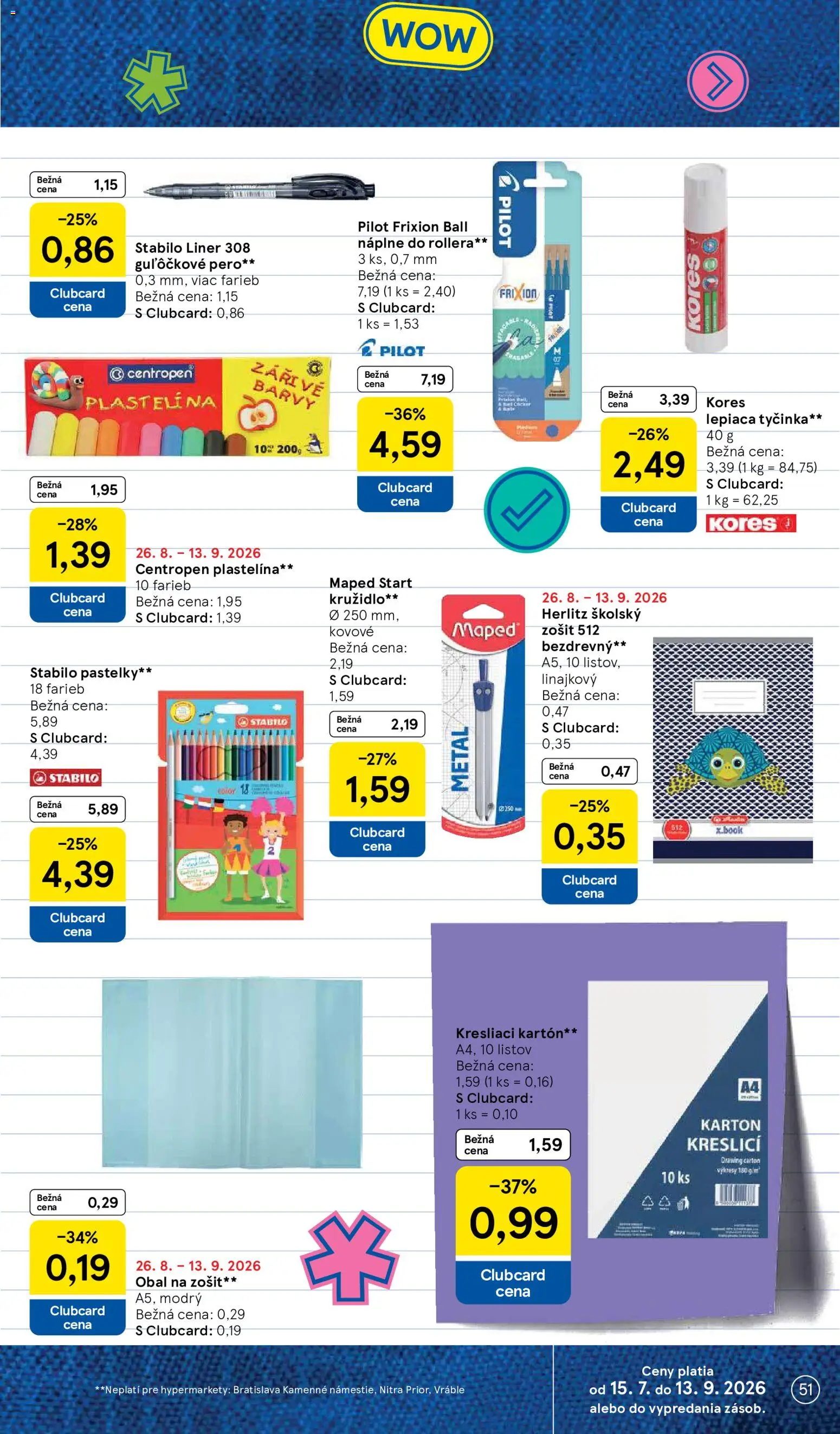Nové Tesco akcie – leták je platný od 26.08.2026 | Strana: 51 | Produkty: Zošit, Pero, Pastelky