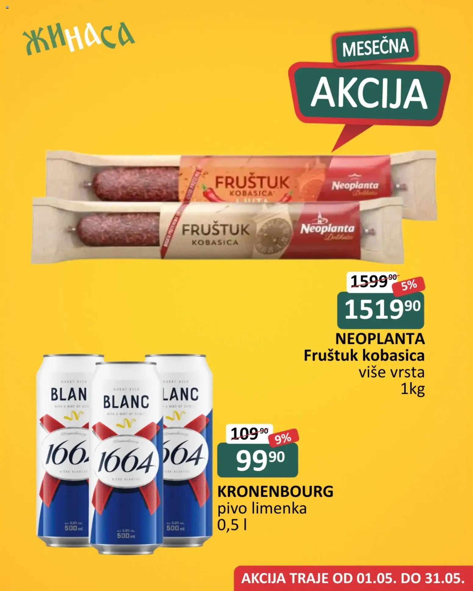 ŽINASA katalog - važi od 01.05.2026 | Strana: 1 | Proizvode: Pivo, Kobasica