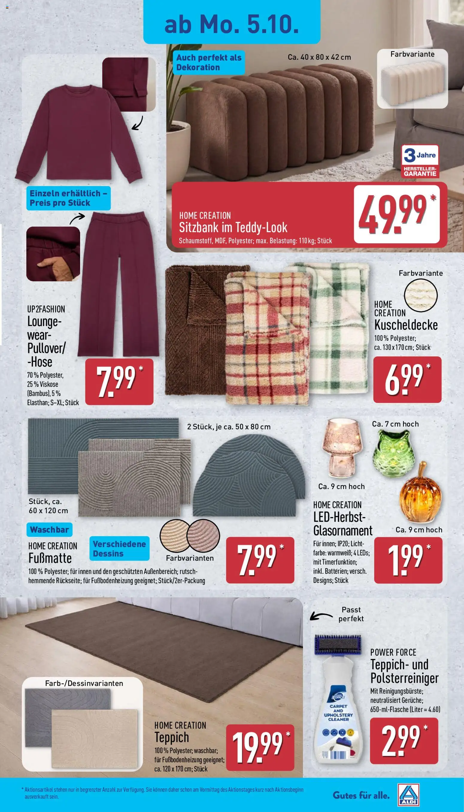 Aldi Prospekt – gültig ab 05.10.2026 | Seite: 3 | Produkte: Sitzbank, Teppich, Fußmatte, Home creation