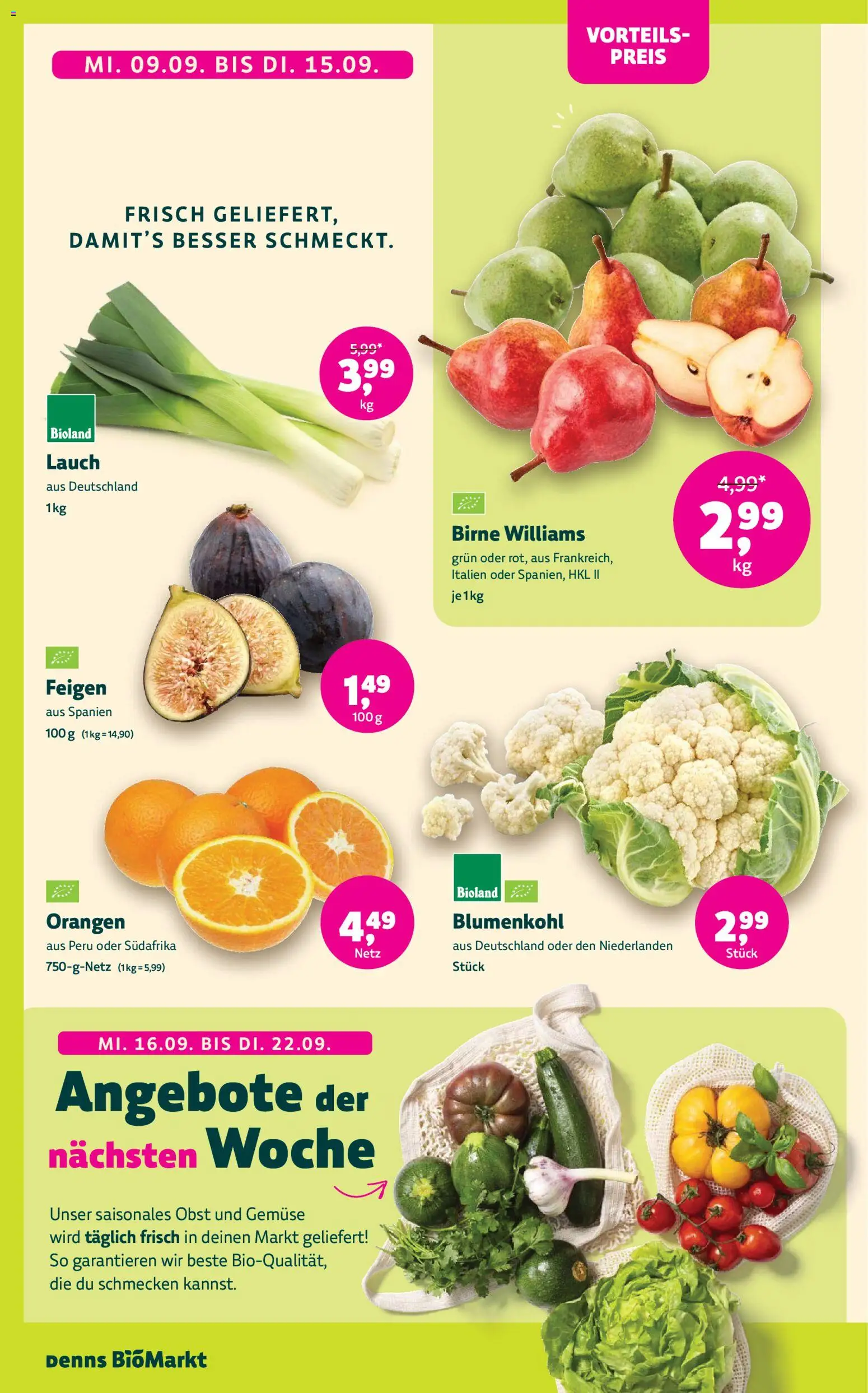 Denns BioMarkt Angebote – gültig ab 09.09.2026 | Seite: 2 | Produkte: Orangen, Gemüse, Blumenkohl, Lauch