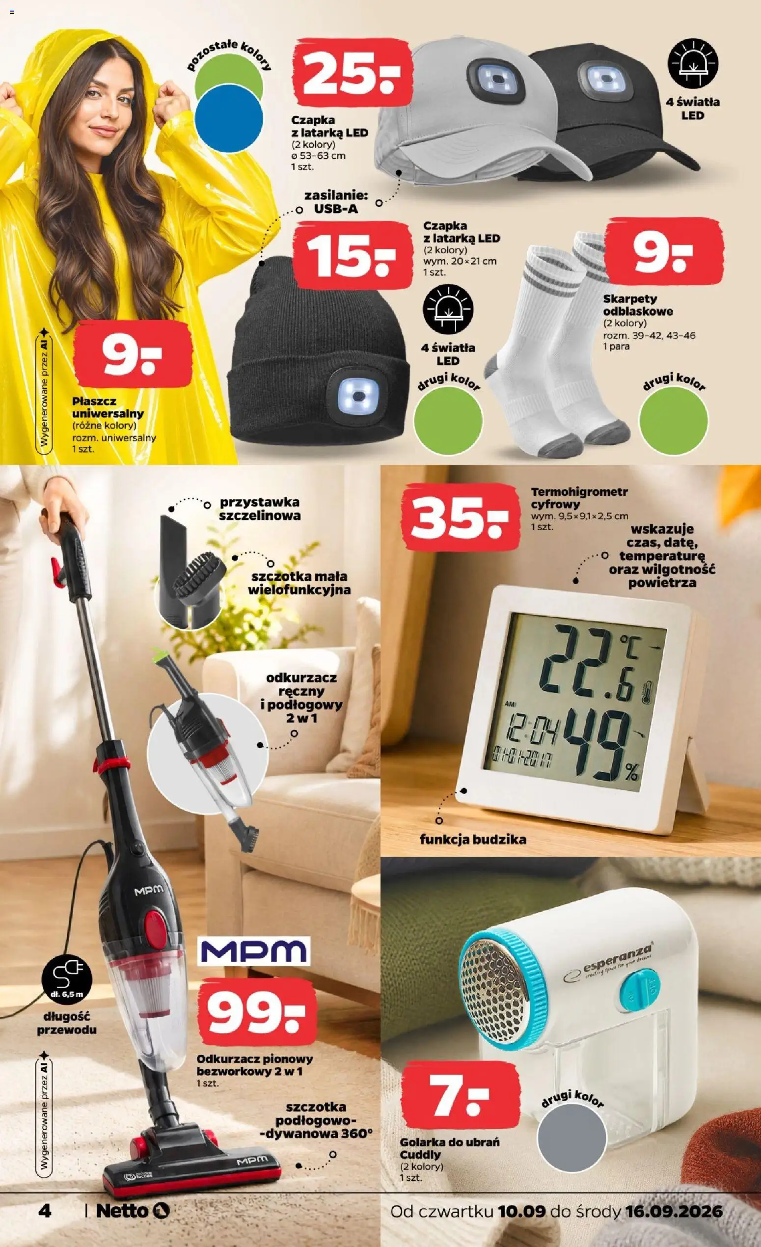 Netto gazetka od czwartku NonFood od 10.09.2026 | Strona: 4 | Produkty: Płaszcz, Czapka, Odkurzacz pionowy, Szczotka