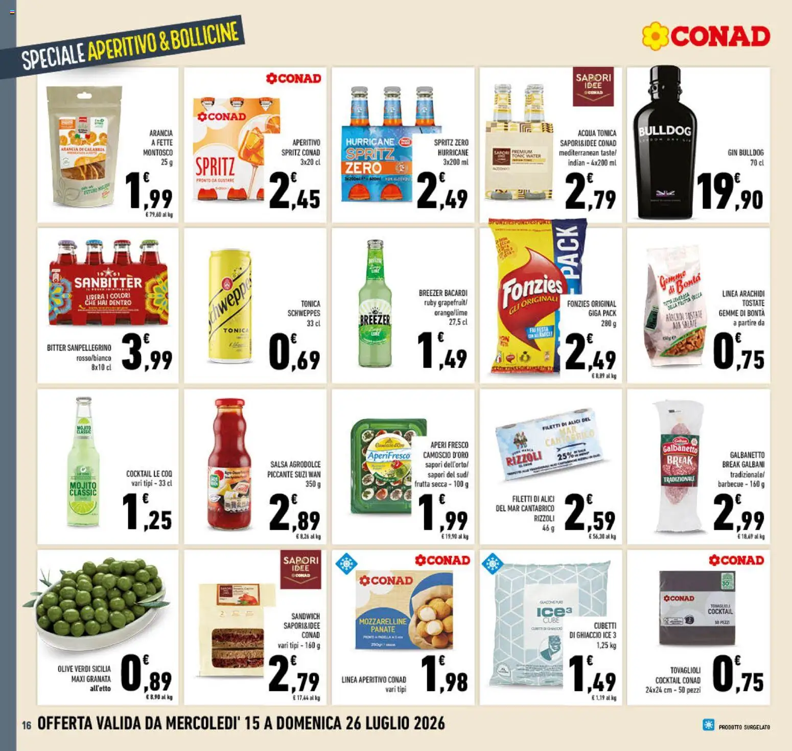 Volantino Conad del 15/07/2026 | Pagina: 16 | Prodotti: Gin, Acqua, Arancia, Arachidi